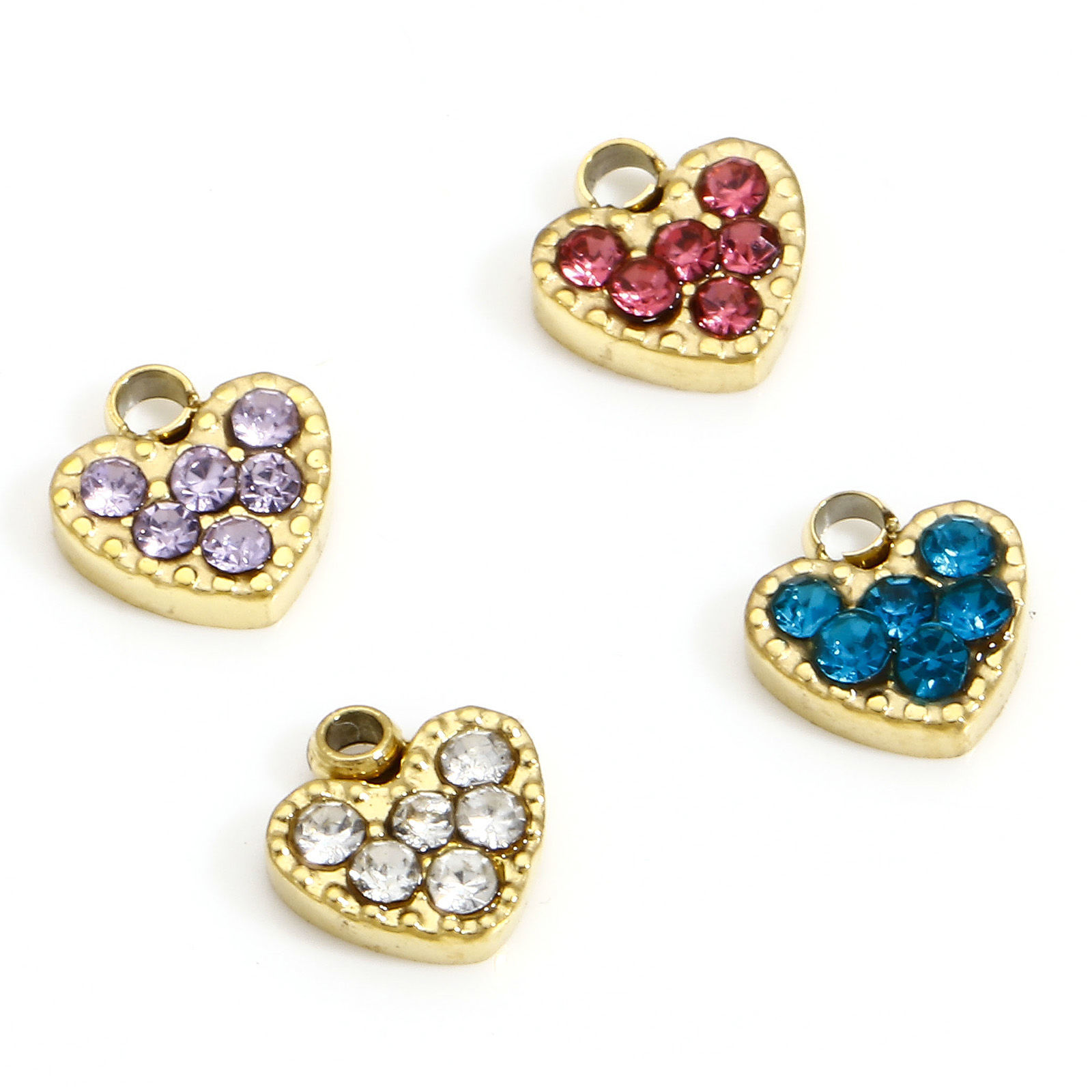 Picture of 316L Stainless Steel Birthstone Charms 18K Real Gold Plated Heart Multicolor Rhinestone
