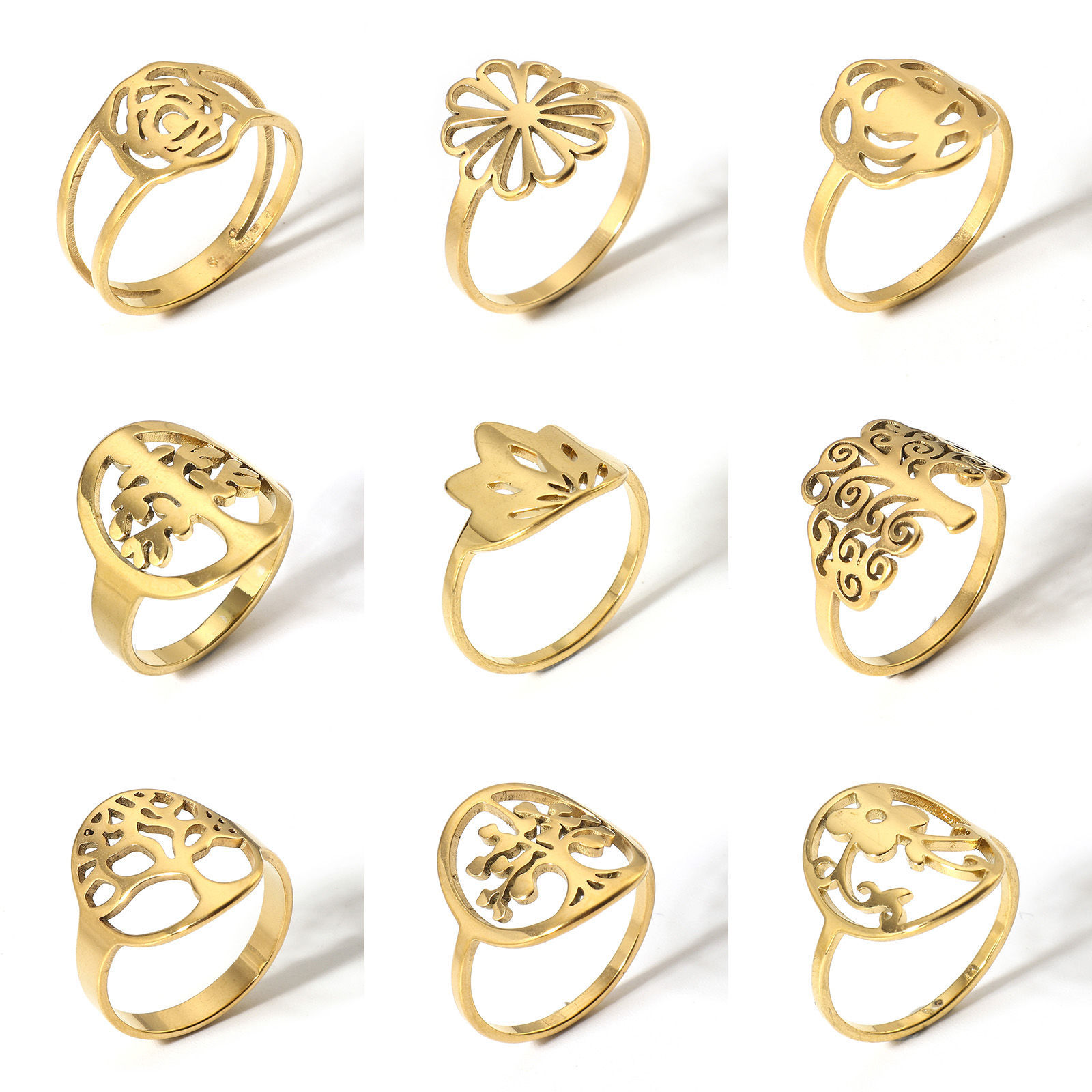 Picture of 304 Stainless Steel Unadjustable Rings Gold Plated Tree Of Life Flower