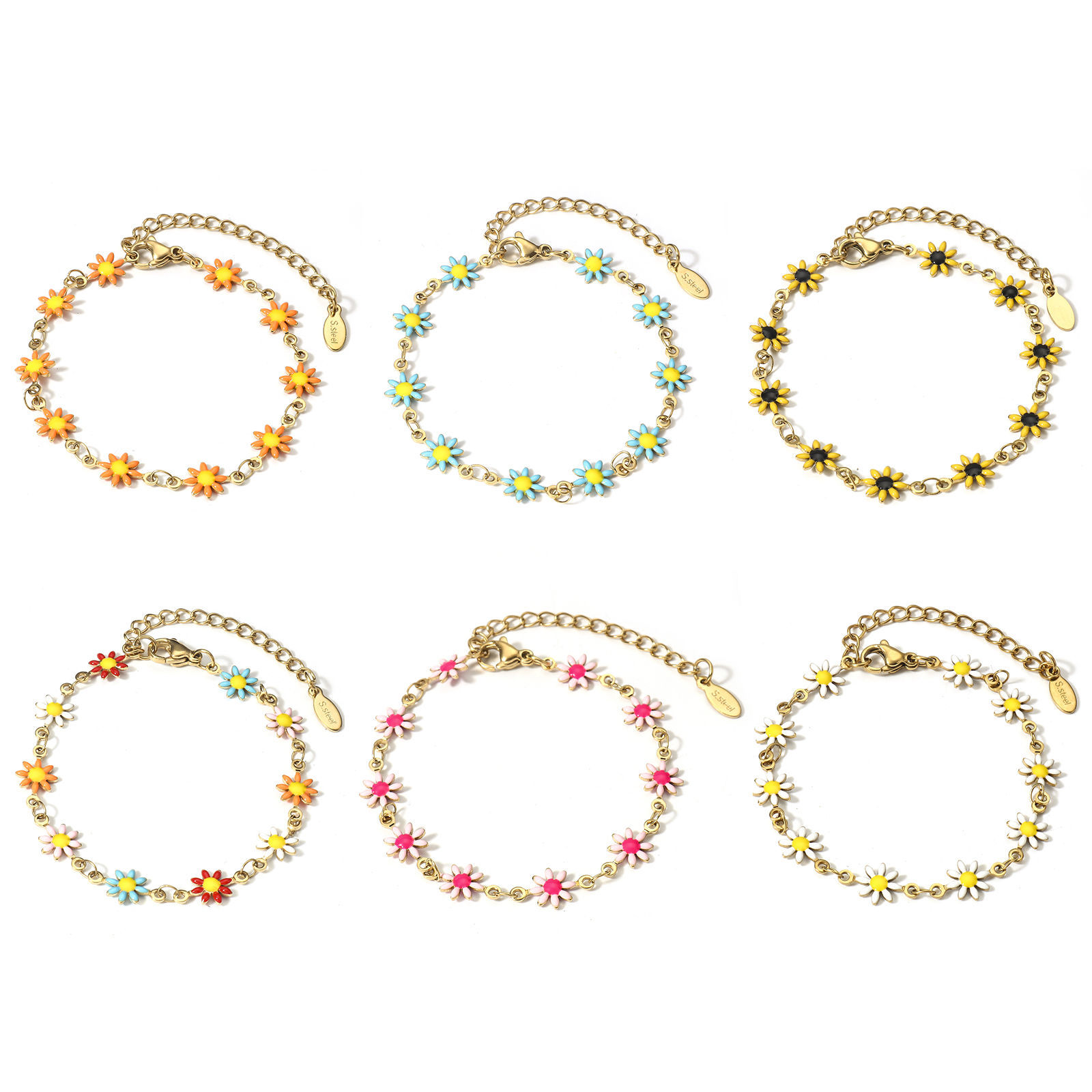 Imagen de 1 Unidad 304 Acero Inoxidable Cadena de Eslabones Hechos a Mano Pulseras Chapado en Oro de 18K Flor de la margarita Con Broche de Langosta y Extensor Cadena 16cm longitud