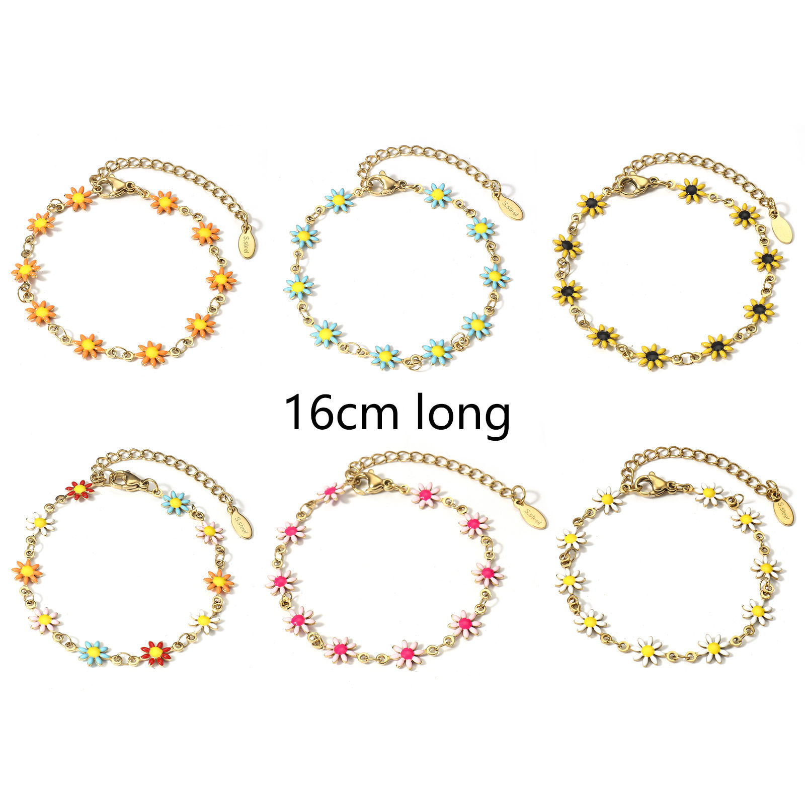 Imagen de 1 Unidad 304 Acero Inoxidable Cadena de Eslabones Hechos a Mano Pulseras Chapado en Oro de 18K Flor de la margarita Con Broche de Langosta y Extensor Cadena 16cm longitud