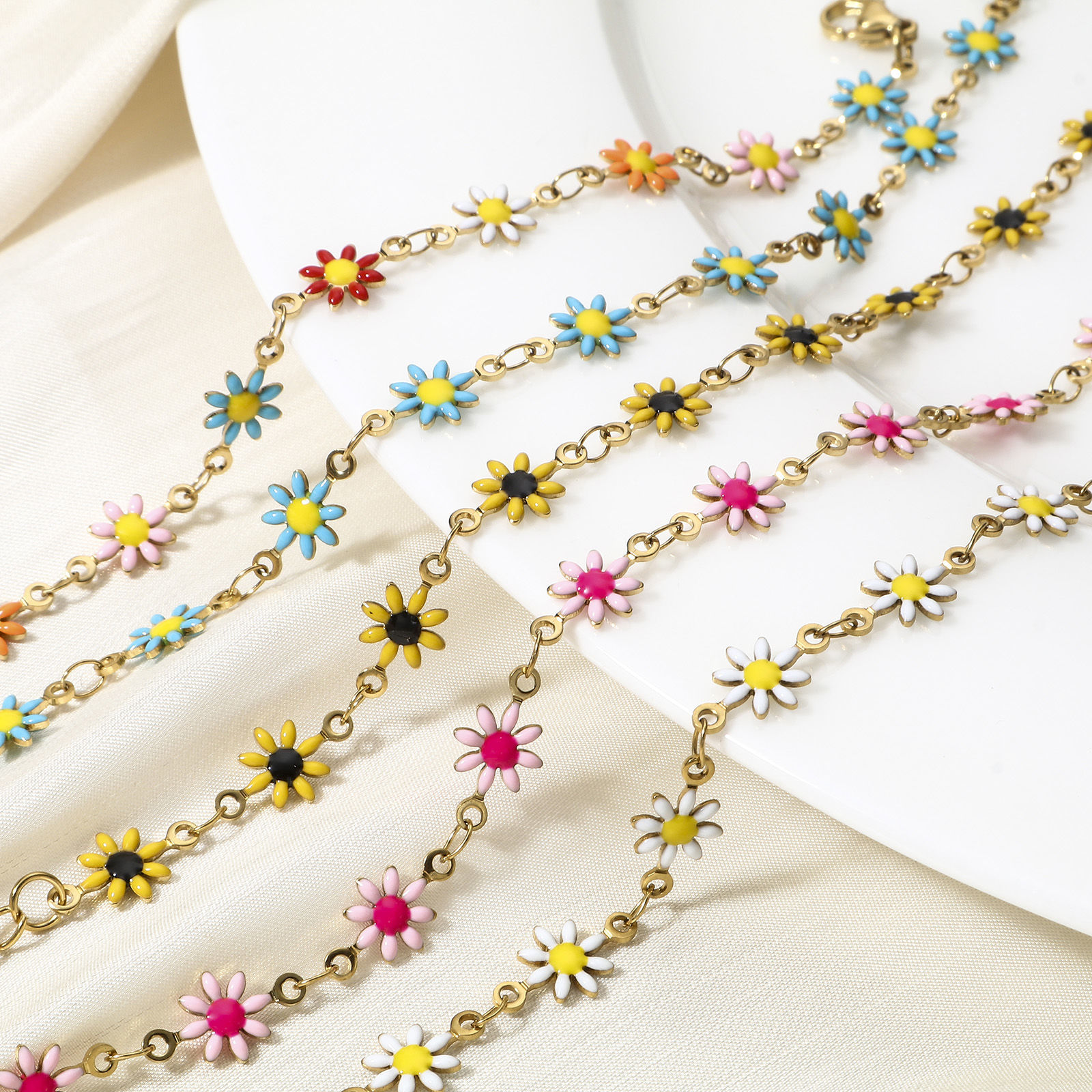 Imagen de 1 Unidad 304 Acero Inoxidable Cadena de Eslabones Hechos a Mano Pulseras Chapado en Oro de 18K Flor de la margarita Con Broche de Langosta y Extensor Cadena 16cm longitud