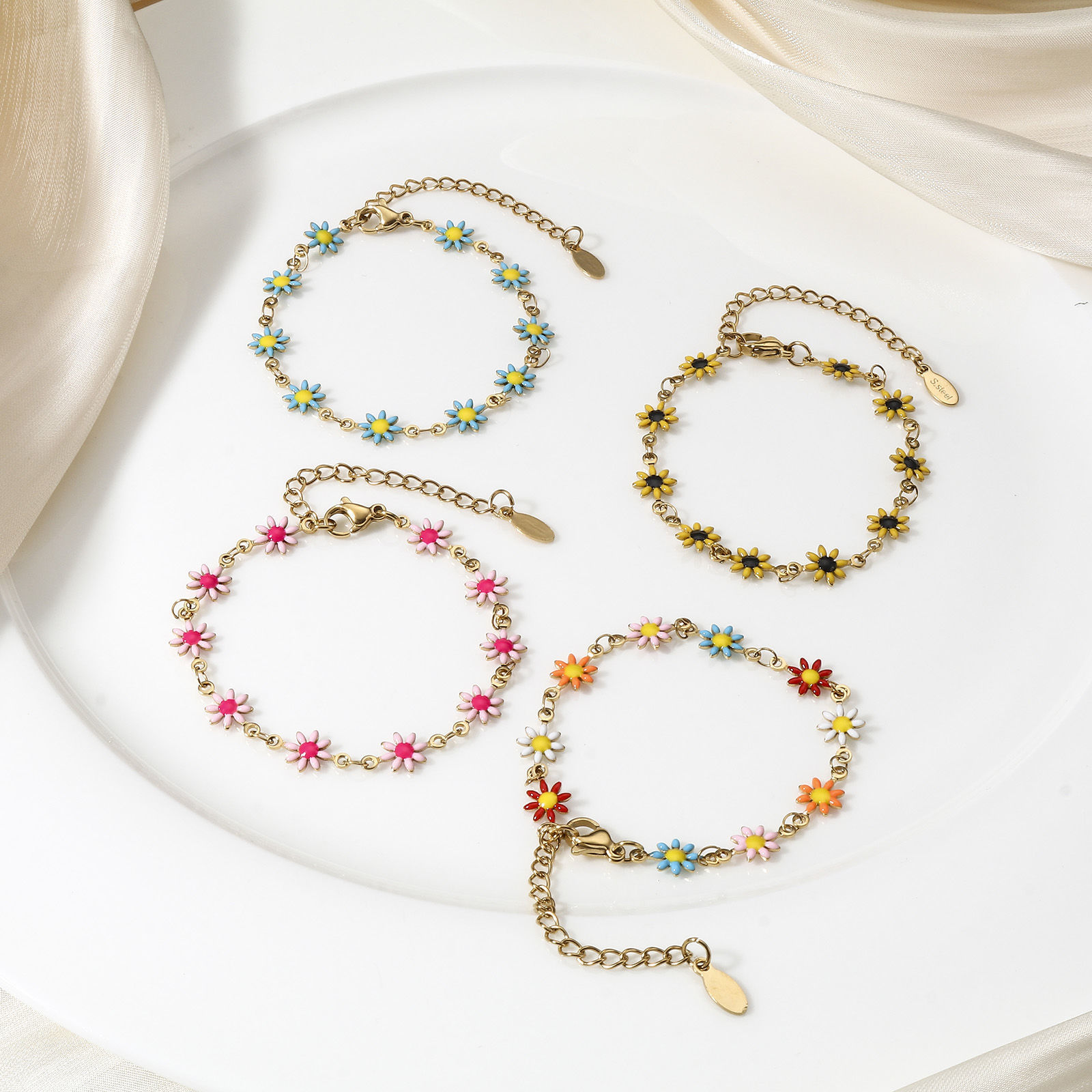 Imagen de 1 Unidad 304 Acero Inoxidable Cadena de Eslabones Hechos a Mano Pulseras Chapado en Oro de 18K Flor de la margarita Con Broche de Langosta y Extensor Cadena 16cm longitud