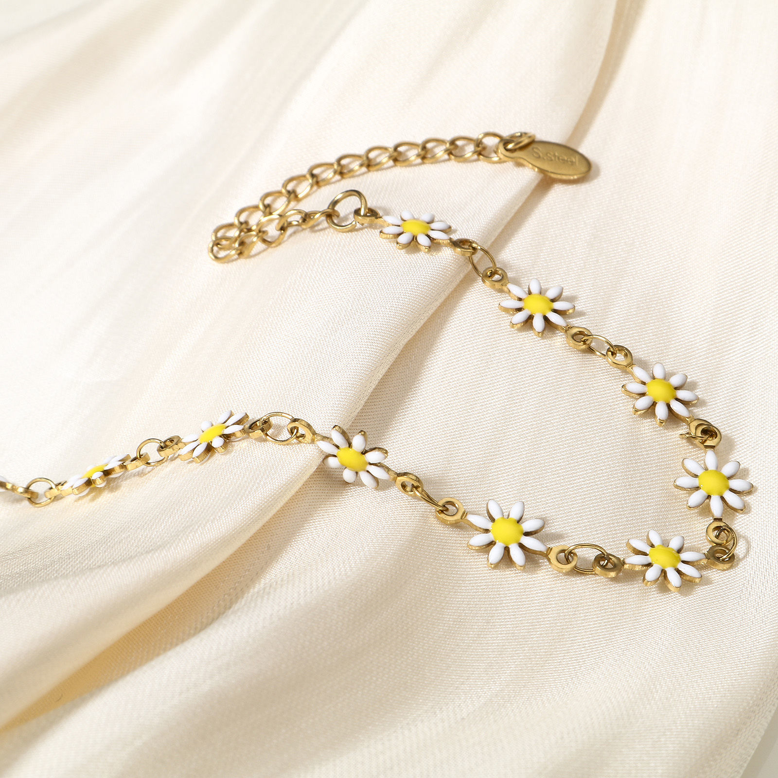 Imagen de 1 Unidad 304 Acero Inoxidable Cadena de Eslabones Hechos a Mano Pulseras Chapado en Oro de 18K Flor de la margarita Con Broche de Langosta y Extensor Cadena 16cm longitud