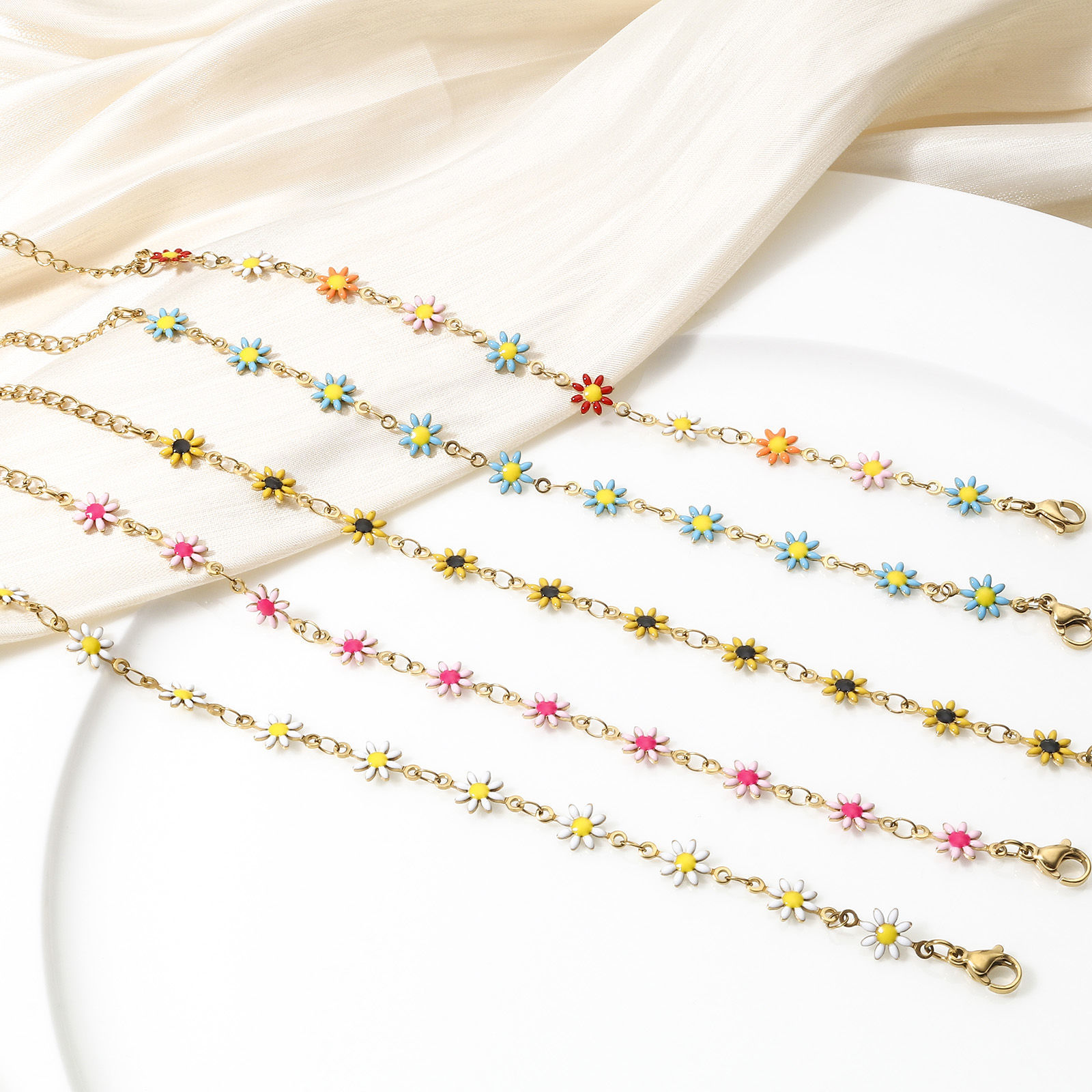 Imagen de 1 Unidad 304 Acero Inoxidable Cadena de Eslabones Hechos a Mano Pulseras Chapado en Oro de 18K Flor de la margarita Con Broche de Langosta y Extensor Cadena 16cm longitud