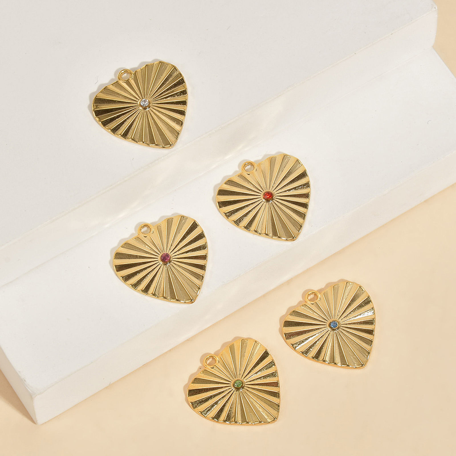 Picture of 304 Stainless Steel & Rhinestone Stylish Charms Gold Plated Heart Stripe Multicolor Rhinestone