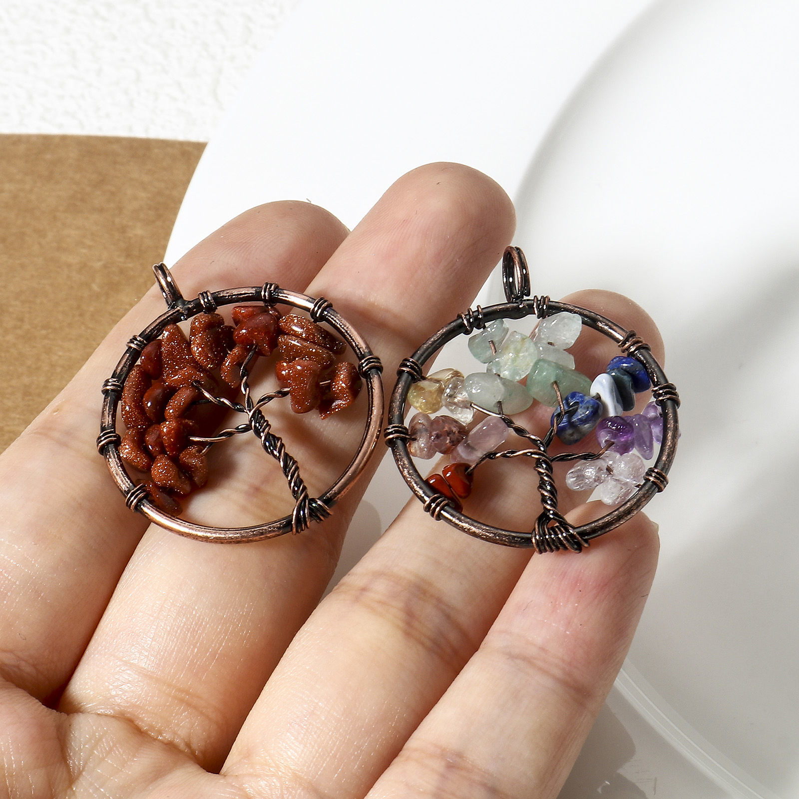 Picture of (Grade B) Gemstone ( Natural ) Wire Wrapped Pendants Antique Copper Round Tree of Life 3.4cm x 2.8cm