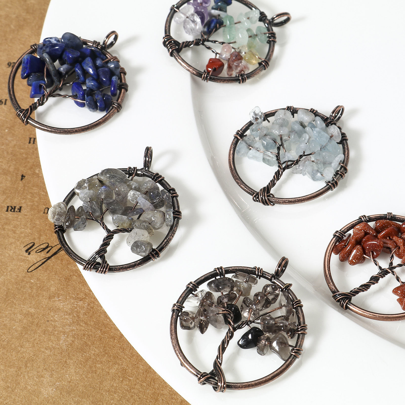Picture of (Grade B) Gemstone ( Natural ) Wire Wrapped Pendants Antique Copper Round Tree of Life 3.4cm x 2.8cm