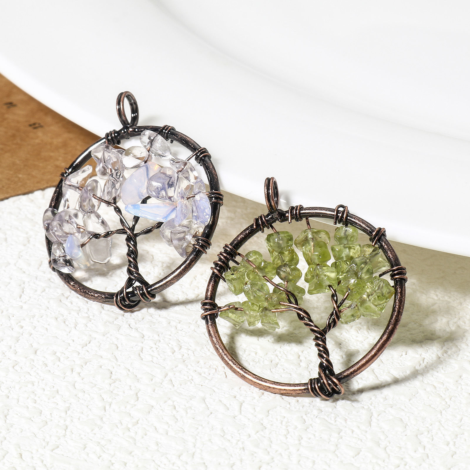 Picture of (Grade B) Gemstone ( Natural ) Wire Wrapped Pendants Antique Copper Round Tree of Life 3.4cm x 2.8cm