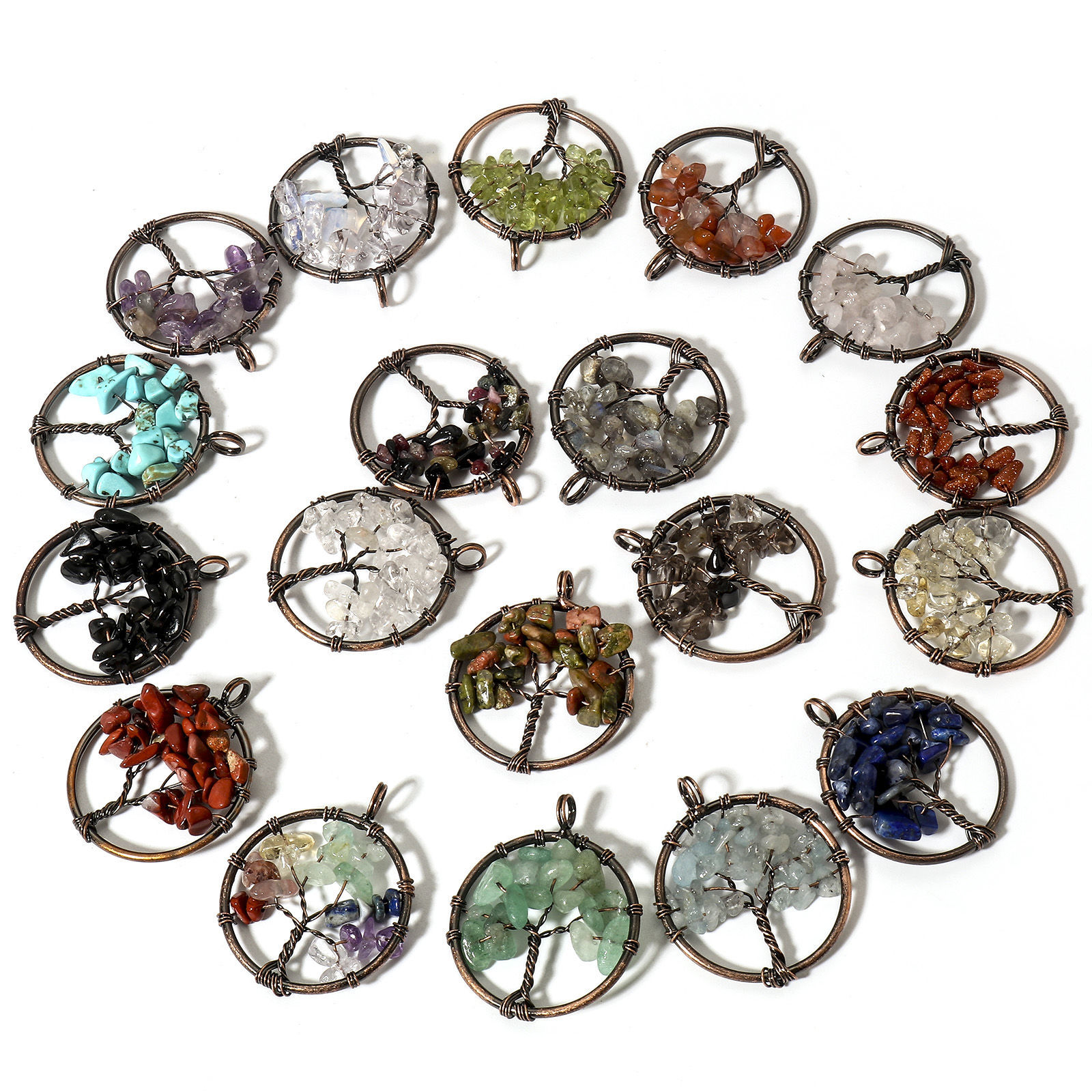 Picture of (Grade B) Gemstone ( Natural ) Wire Wrapped Pendants Antique Copper Round Tree of Life 3.4cm x 2.8cm