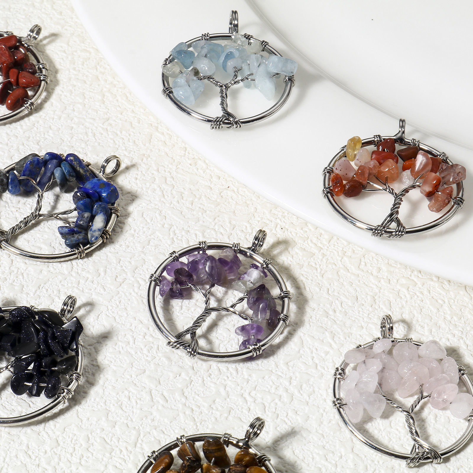 Picture of (Grade B) Gemstone ( Natural ) Wire Wrapped Pendants Silver Tone Round Tree of Life 3.4cm x 2.8cm