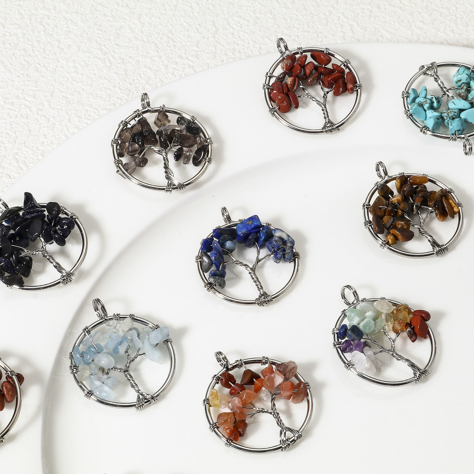 Picture of (Grade B) Gemstone ( Natural ) Wire Wrapped Pendants Silver Tone Round Tree of Life 3.4cm x 2.8cm