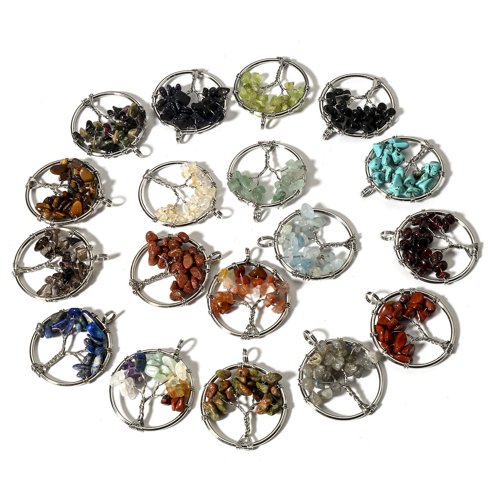 Picture of (Grade B) Gemstone ( Natural ) Wire Wrapped Pendants Silver Tone Round Tree of Life 3.4cm x 2.8cm