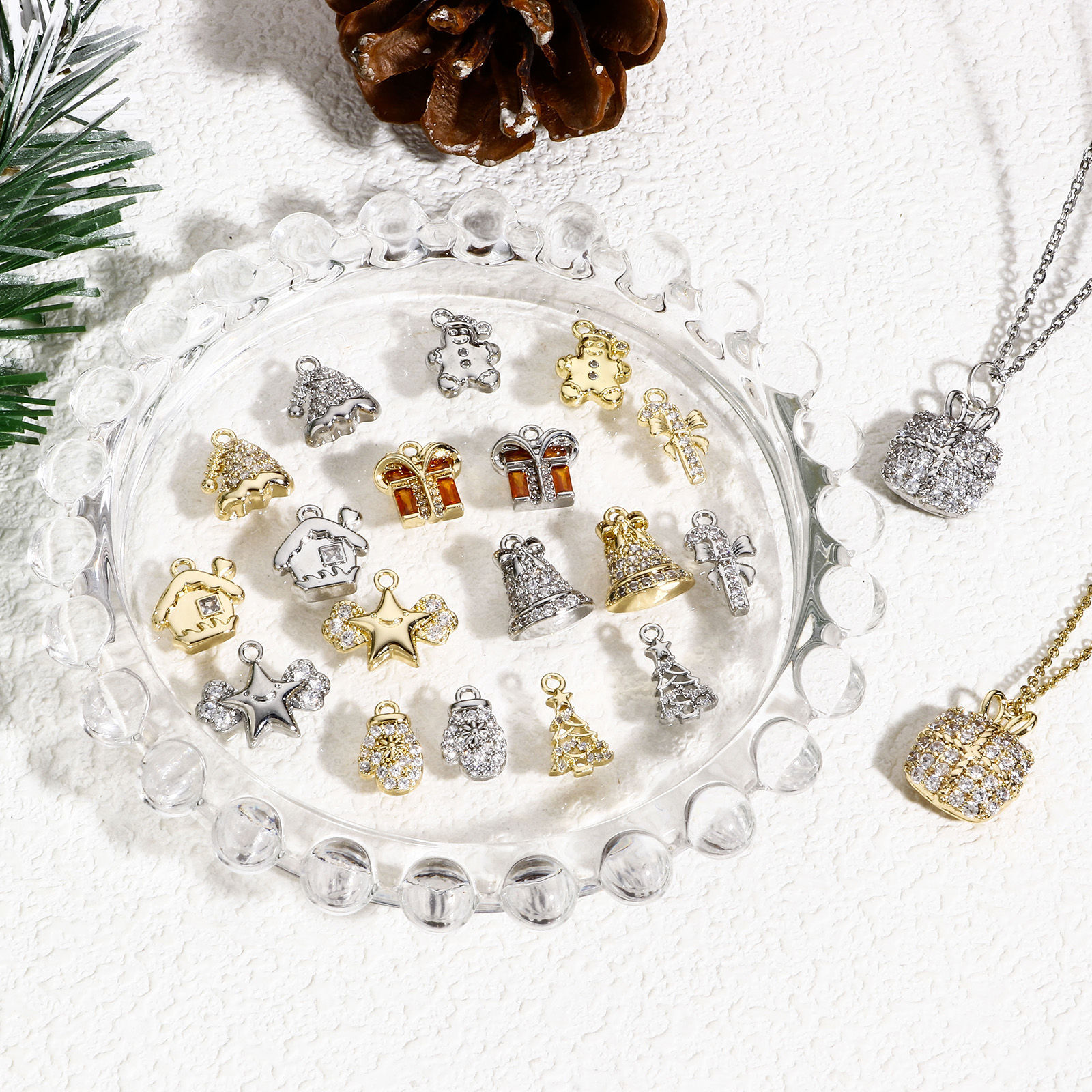 Picture of Brass Christmas Charms Real Gold Plated Clear Cubic Zirconia