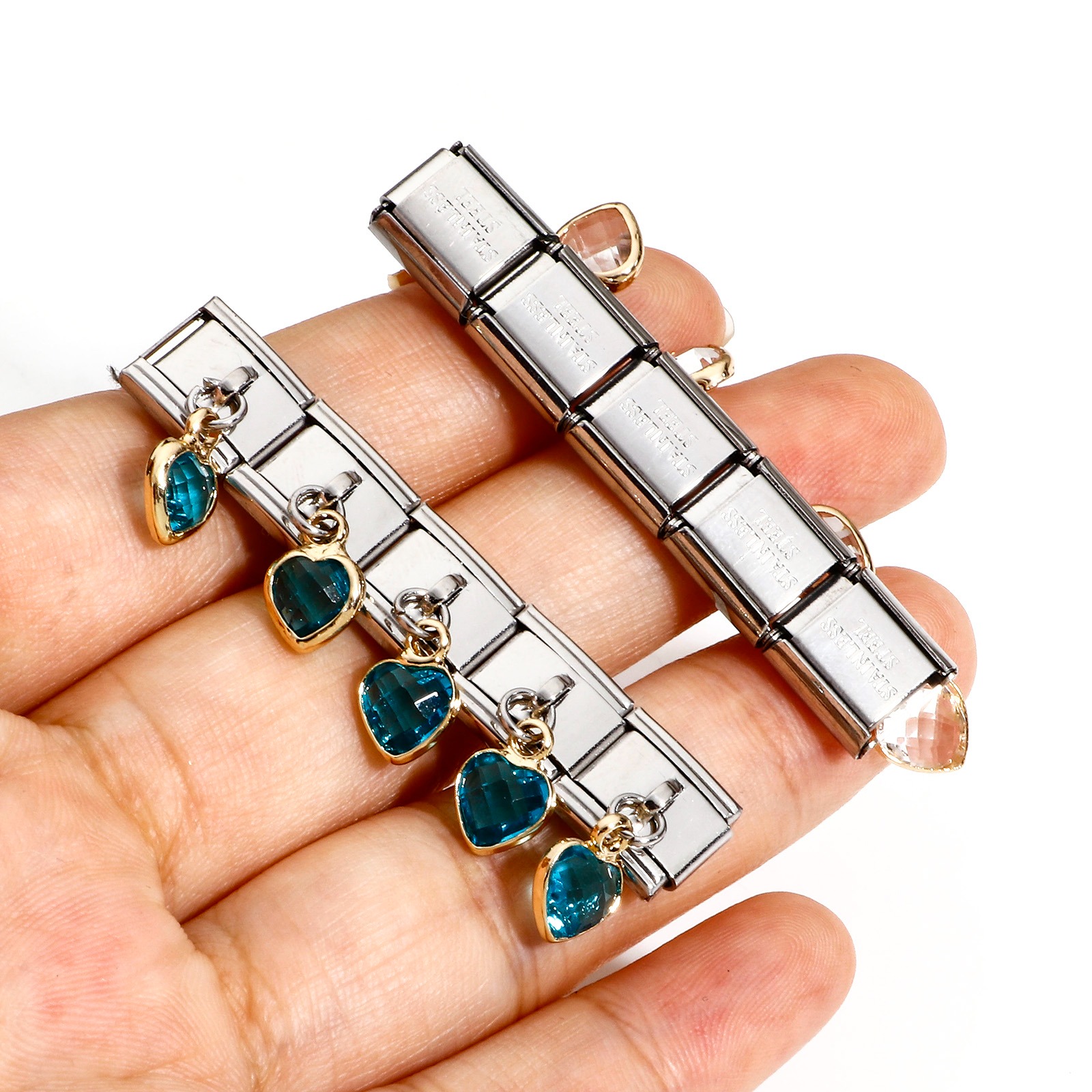 Picture of 304 Stainless Steel Italian Charm Links For DIY Bracelet Jewelry Making Silver Tone Multicolor Rectangle Heart With Pendant 17mm x 10mm