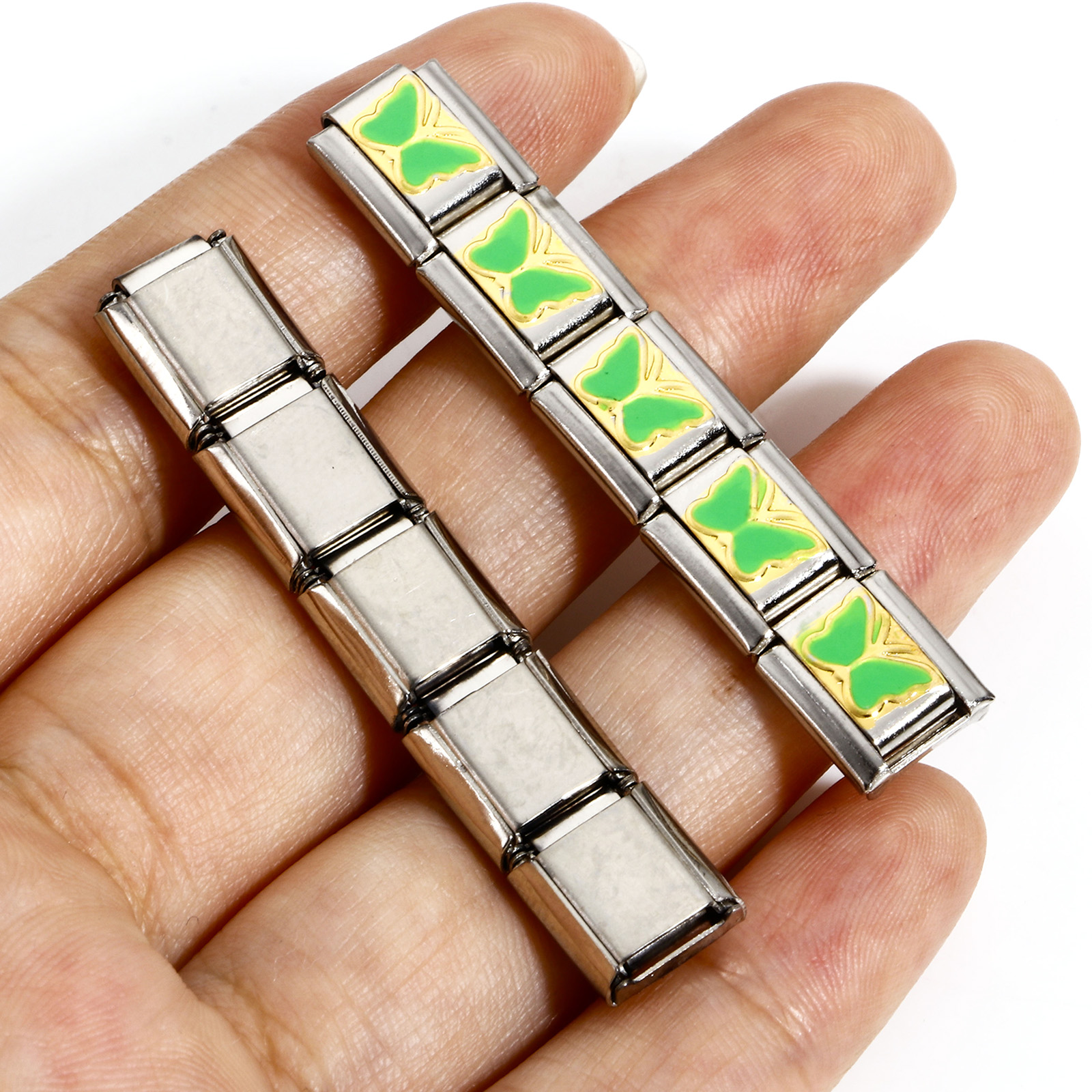 Picture of 304 Stainless Steel Italian Charm Links For DIY Bracelet Jewelry Making Silver Tone Multicolor Rectangle Butterfly Enamel 10mm x 9mm