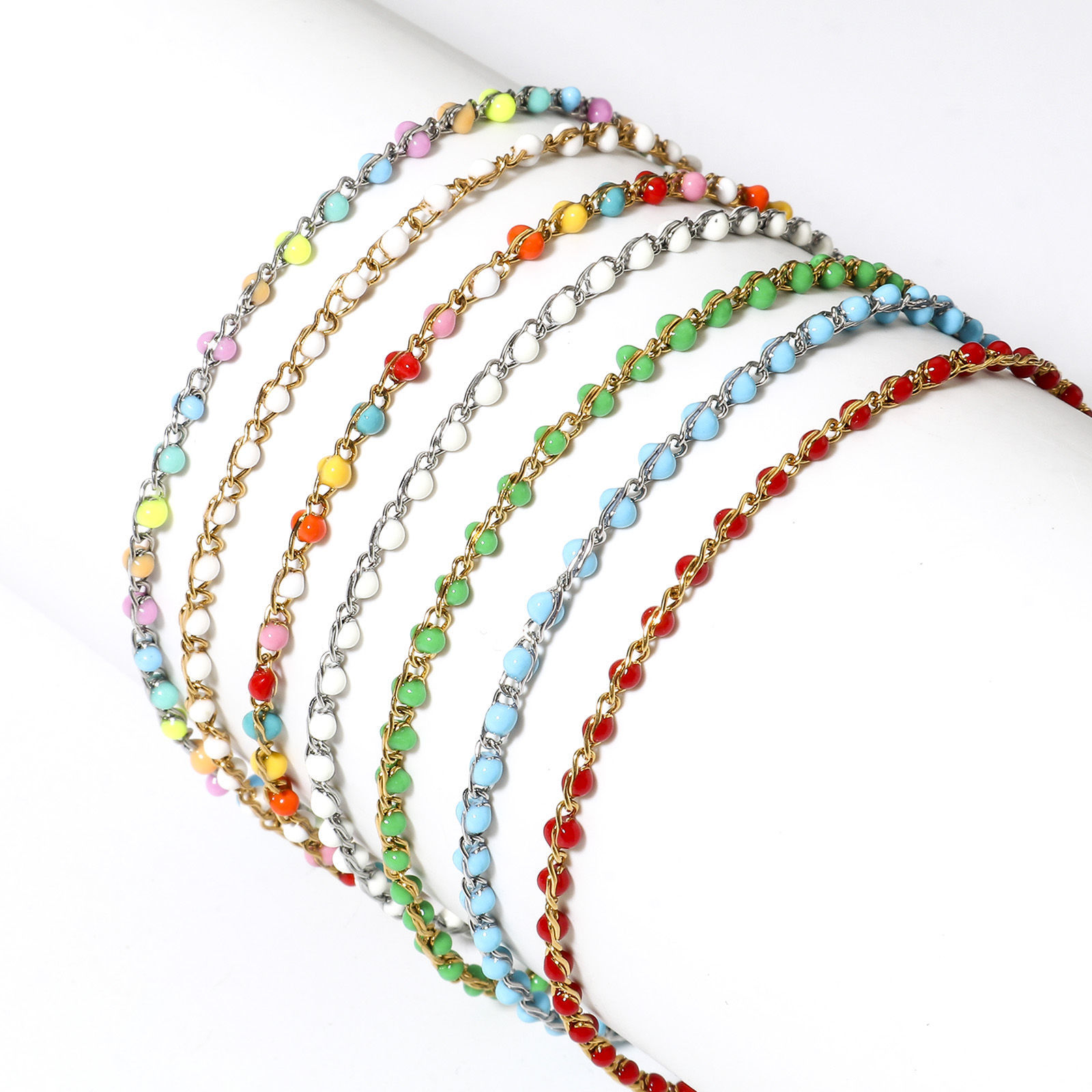 Picture of Eco-friendly Vacuum Plating 304 Stainless Steel Enamel Link Cable Chain Bracelets Gold Plated With Lobster Claw Clasp And Extender Chain 18.5cm(7 2/8") long