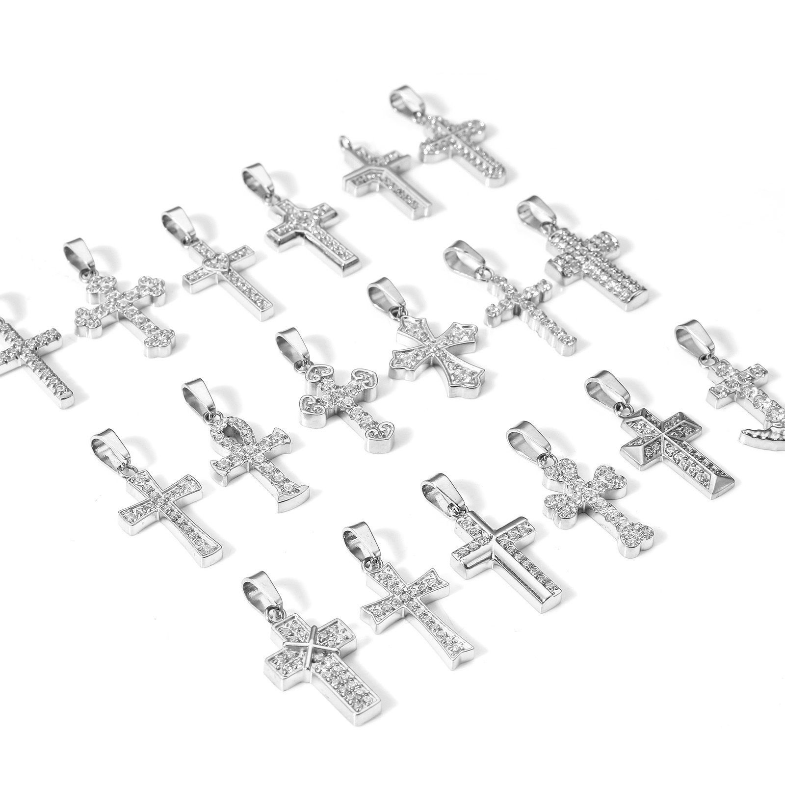 1 個 エコフレンドリー 真空メッキ 304ステンレス鋼 宗教 チャーム ペンダント クロス プラチナメッキ マイクロパヴェ の画像