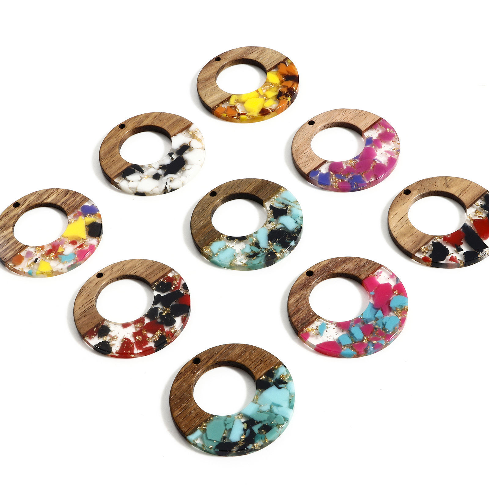 Picture of Wood Effect Resin Pendants Natural Circle Ring Gravels Chips 3.8cm Dia