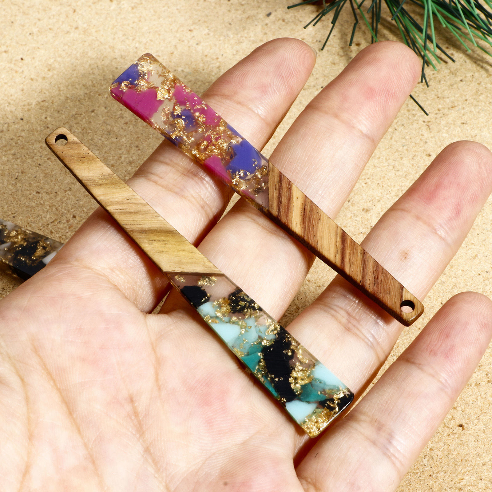 Picture of Natural Wood Effect Resin Pendants Multicolor Trapezoid Gravels Chips 7cm x 1cm