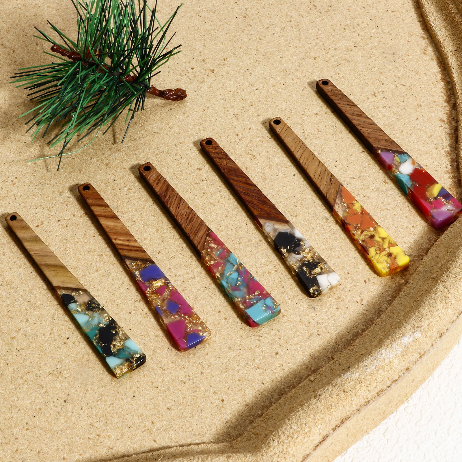 Picture of Natural Wood Effect Resin Pendants Multicolor Trapezoid Gravels Chips 7cm x 1cm