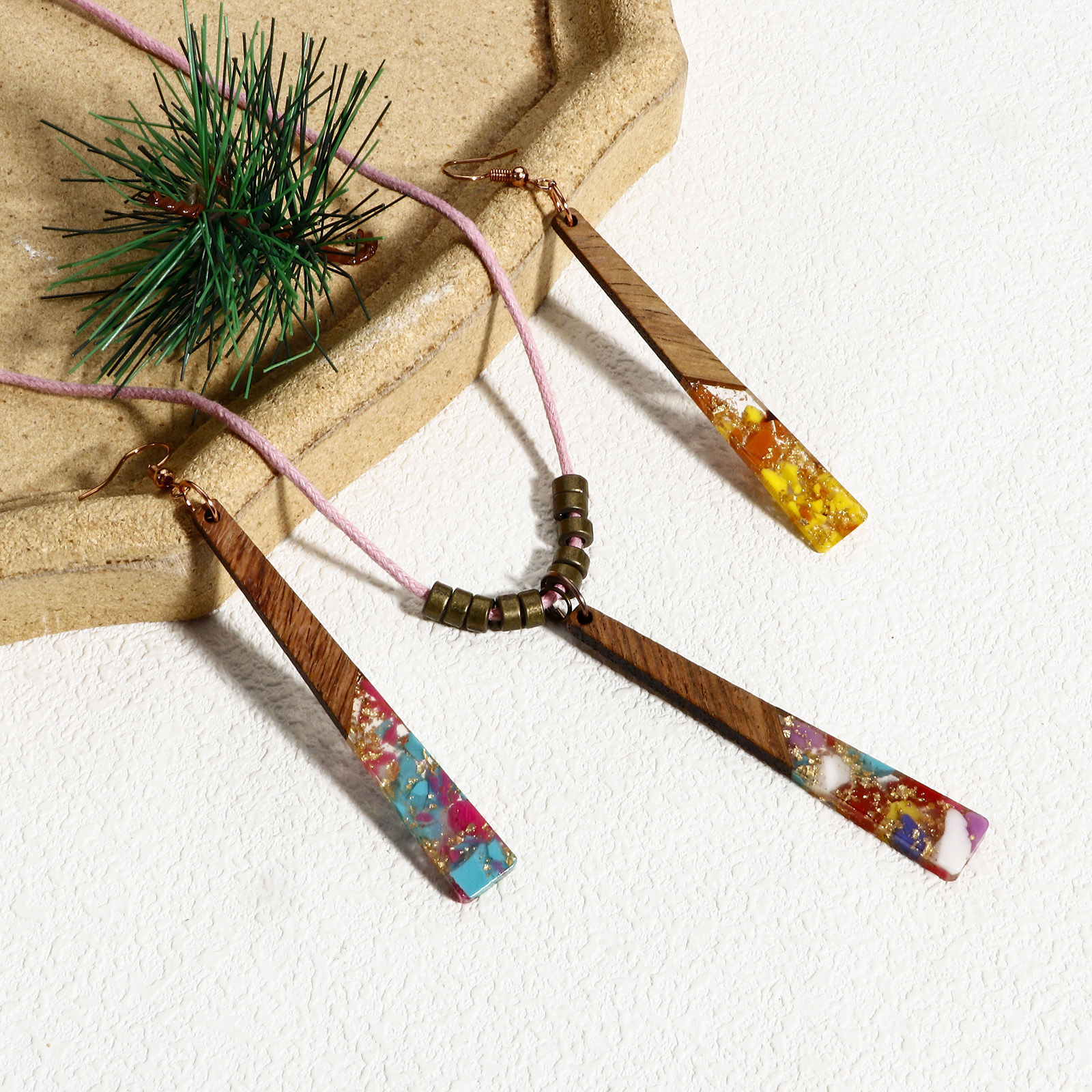 Picture of Natural Wood Effect Resin Pendants Multicolor Trapezoid Gravels Chips 7cm x 1cm