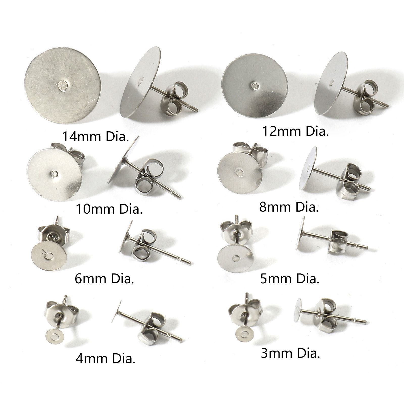 Изображение 50 ШТ 304 Нержавеющая Сталь Серьги-гвоздики для ушей для аксессуаров для изготовления ювелирных изделий своими руками Круглые Серебряный Тон Клей на