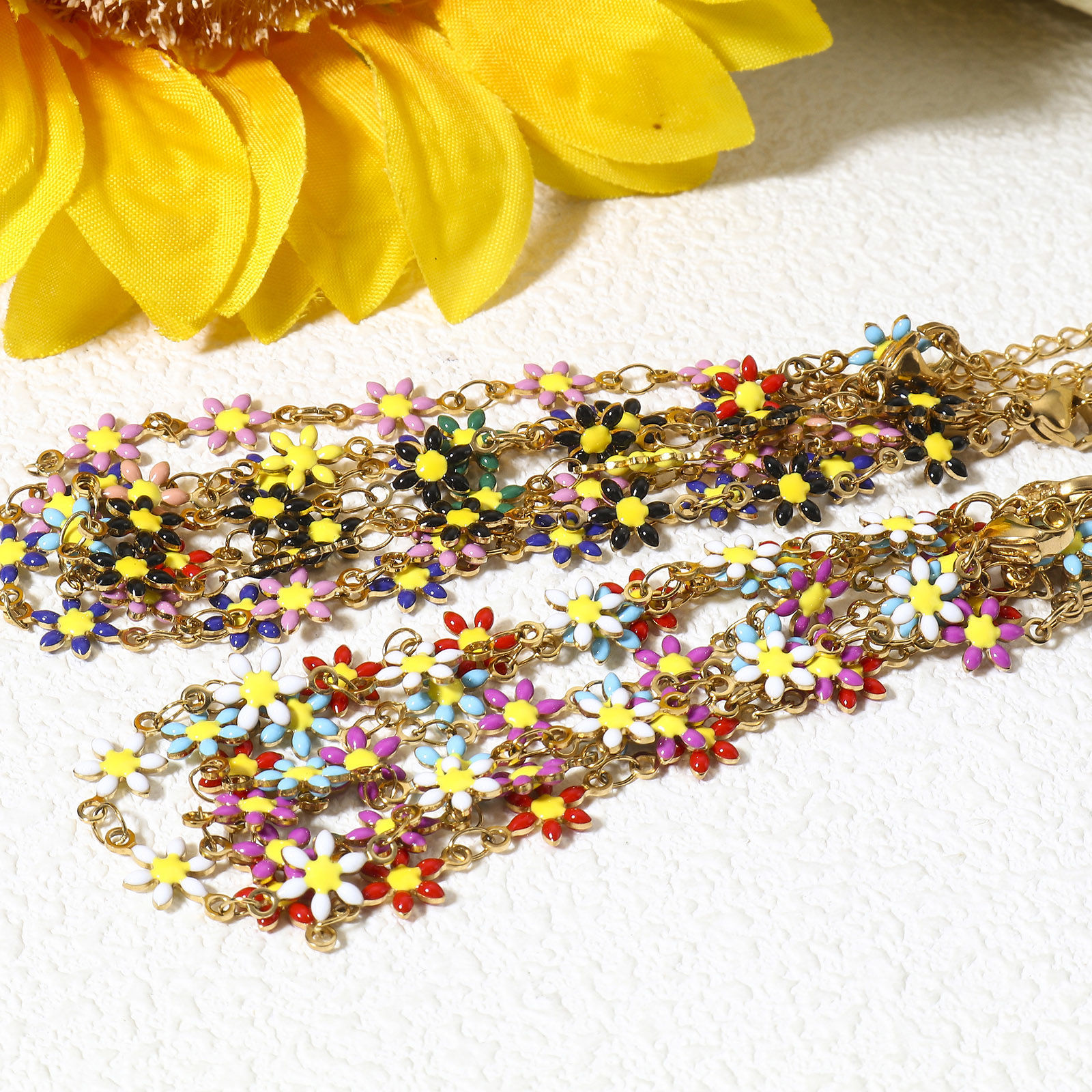 Picture of 304 Stainless Steel Bracelets Gold Plated Daisy Flower Double-sided Enamel 18.5cm(7 2/8") long