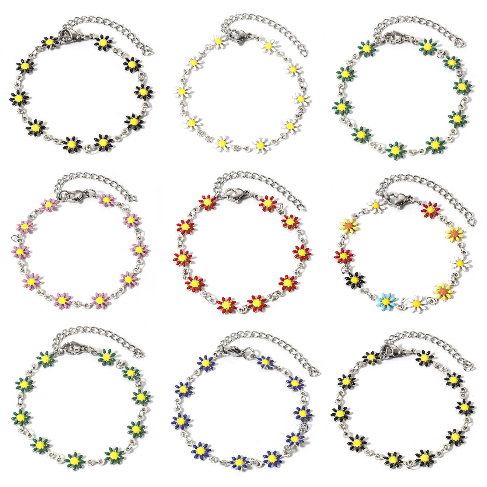 Bild von 1 Strang 304 Edelstahl Armband Silberfarbe Gänseblümchen Doppelseitige Emaille 16cm lang
