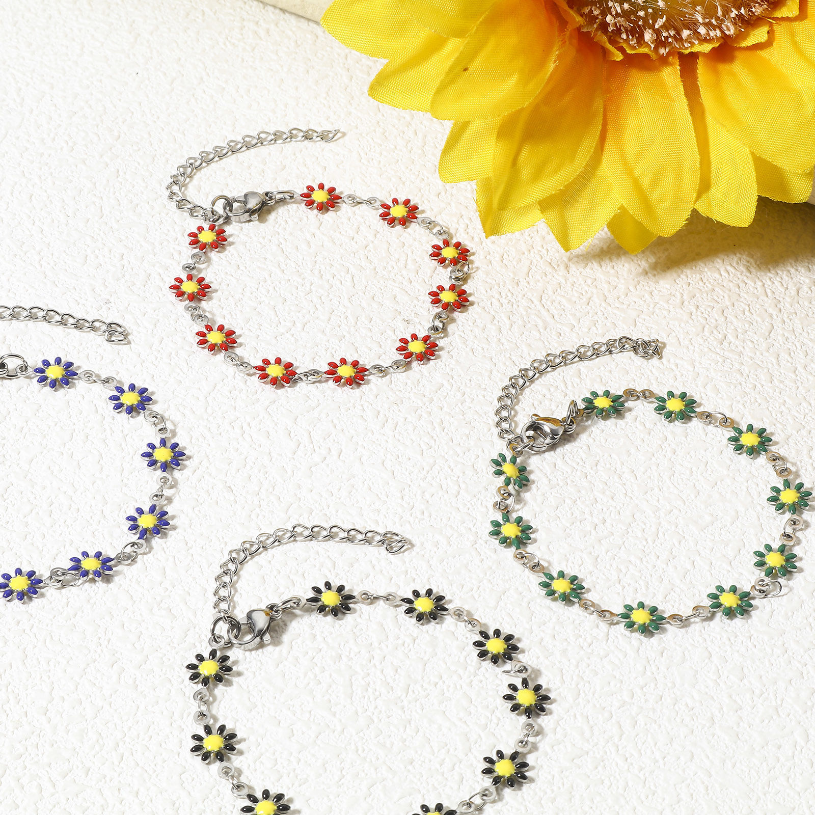 Bild von 1 Strang 304 Edelstahl Armband Silberfarbe Gänseblümchen Doppelseitige Emaille 16cm lang