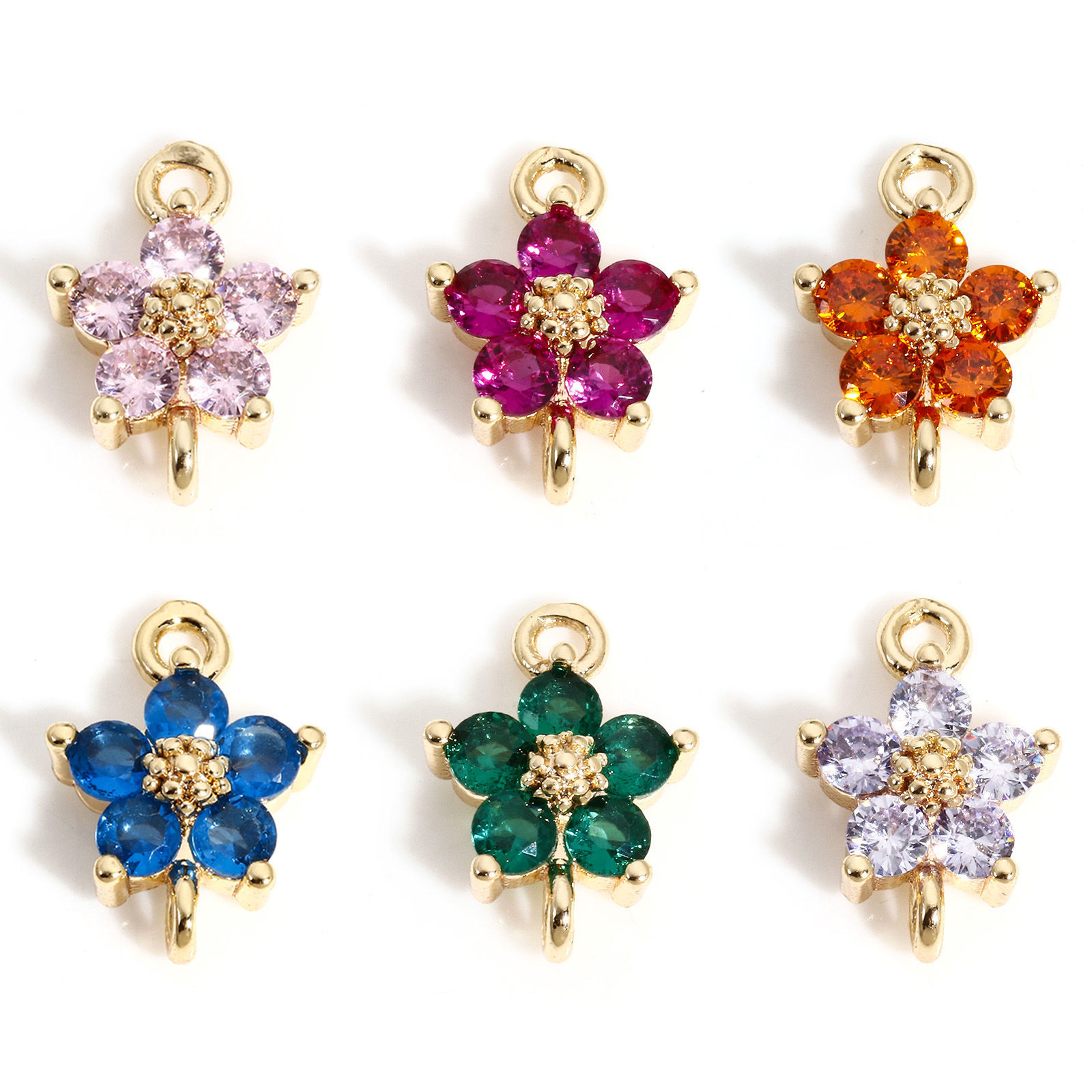 Immagine di 2 Pz Ottone Pendenti Charms Connettori Accessori Fiore 18K Vero Oro Placcato Multicolore Cubic Zirconiae 12mm x 8mm