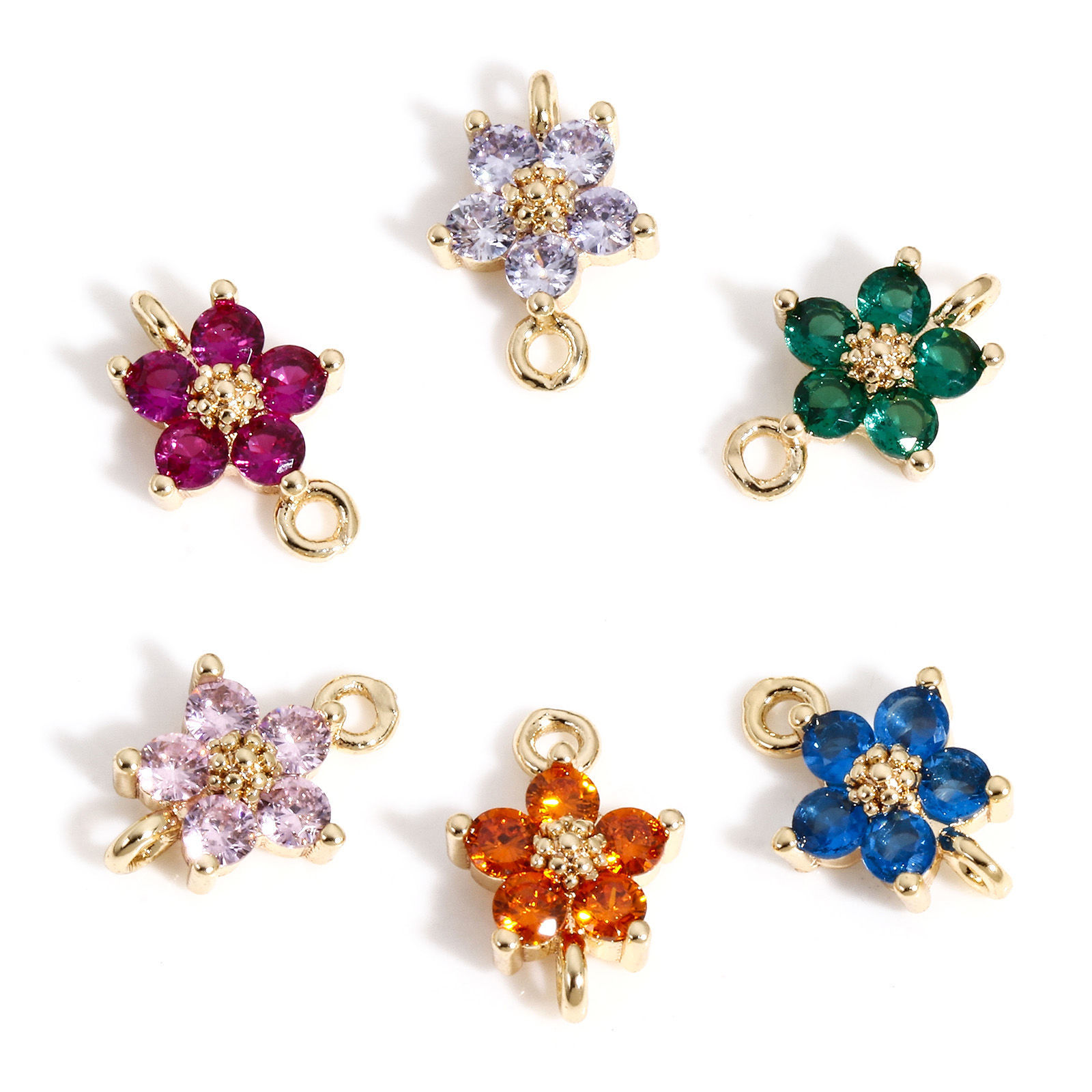 Immagine di 2 Pz Ottone Pendenti Charms Connettori Accessori Fiore 18K Vero Oro Placcato Multicolore Cubic Zirconiae 12mm x 8mm