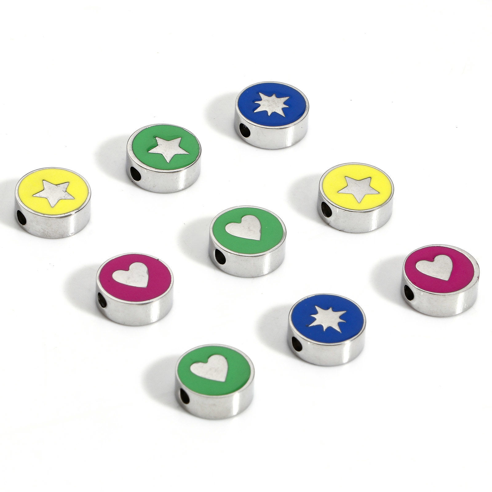 Bild von 1 Stück 304 Edelstahl Stilvoll Perlen für die DIY-Schmuckherstellung Rund Silberfarbe Bunt Herz Emaille