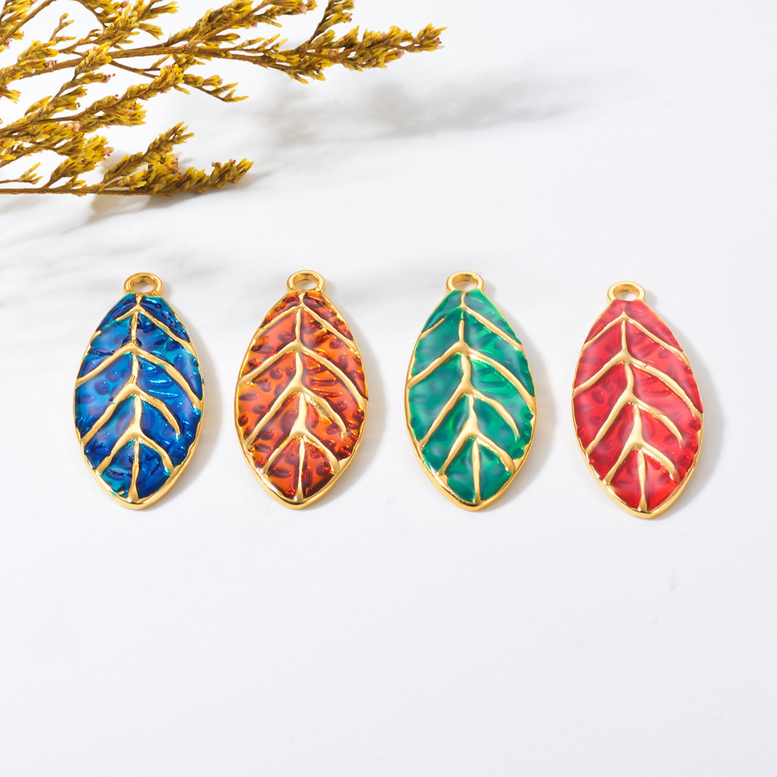 Picture of 304 Stainless Steel Retro Pendants Gold Plated Multicolor Leaf Enamel
