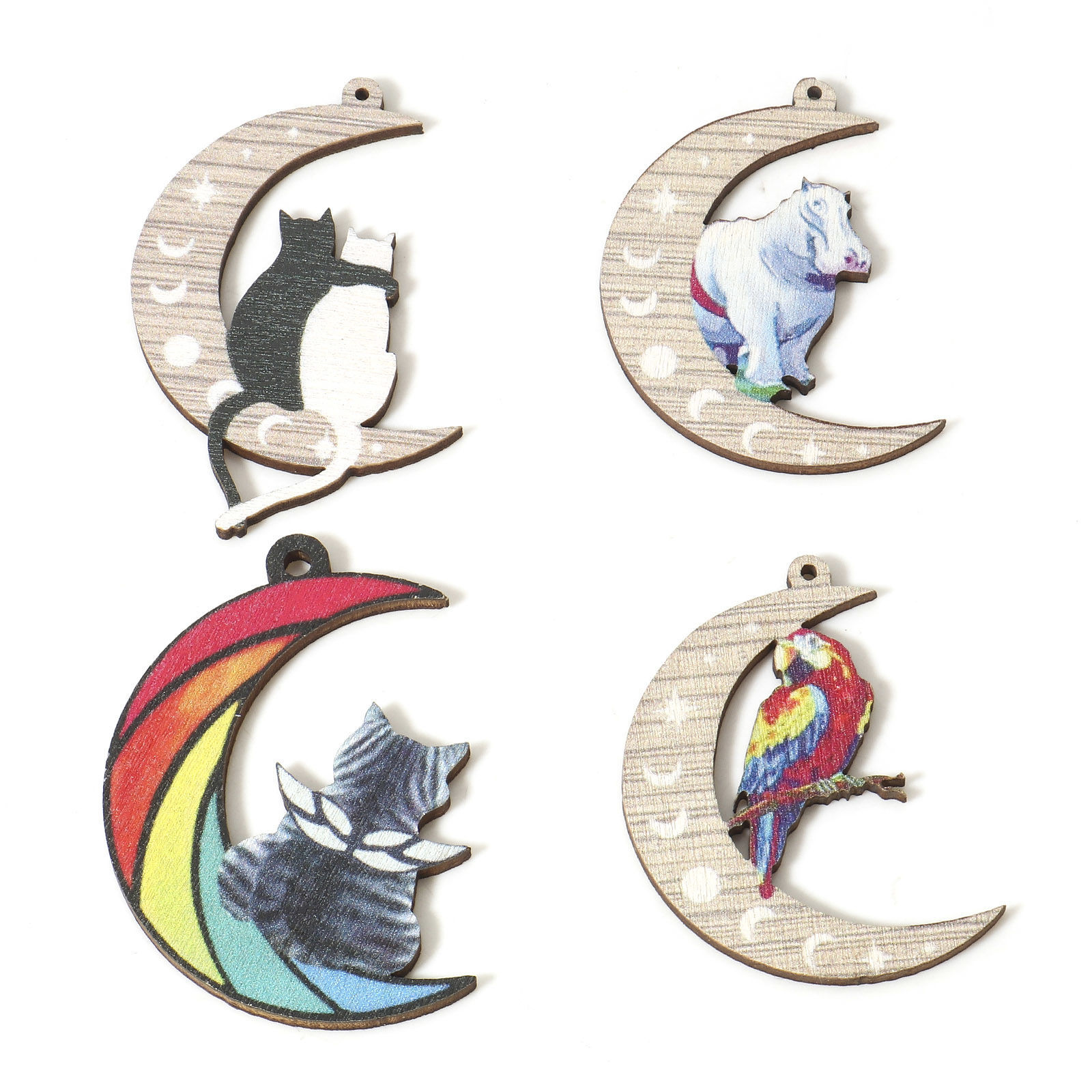 Picture of Natural Wood Galaxy Pendants Multicolor Half Moon 4.3cm x 3.5cm
