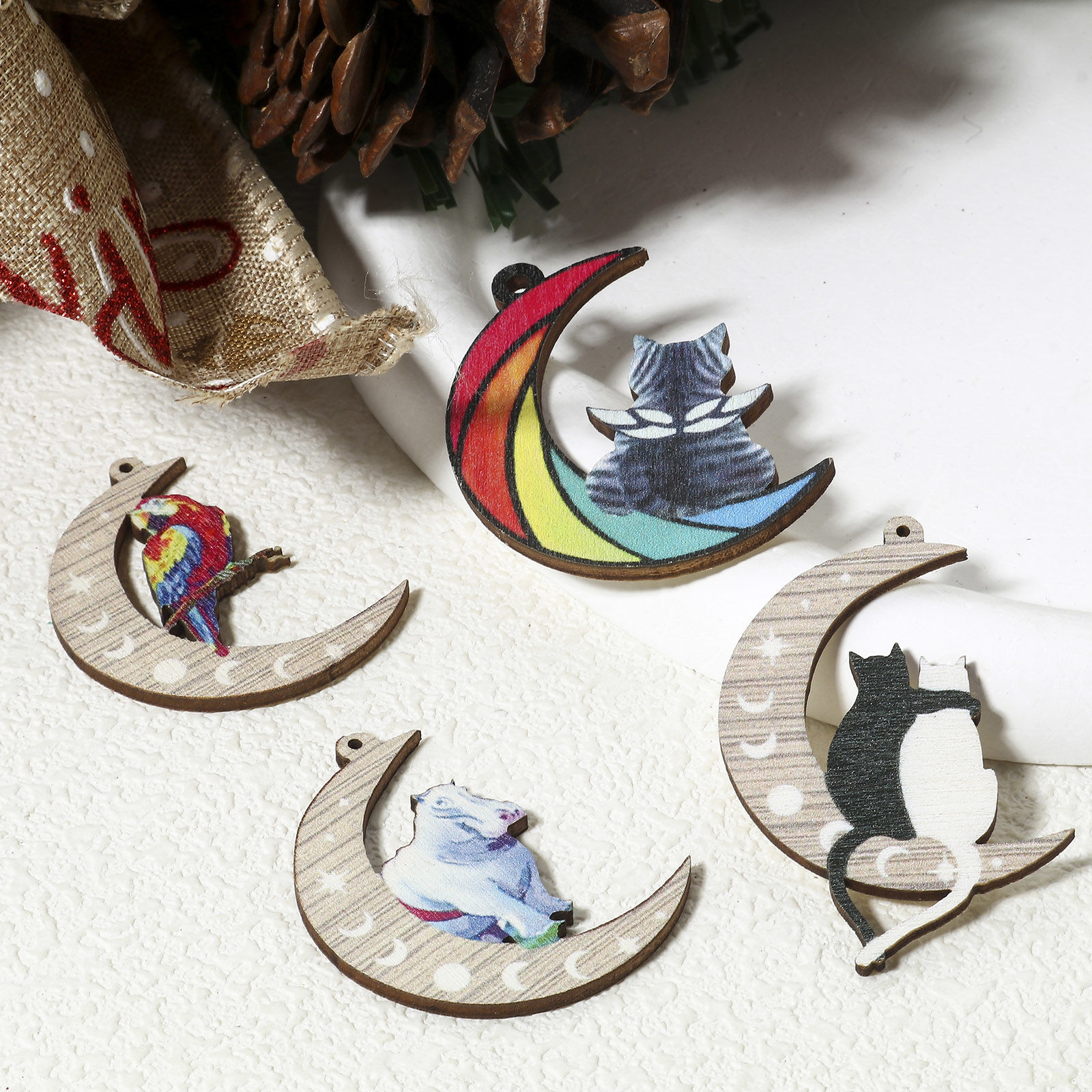 Picture of Natural Wood Galaxy Pendants Multicolor Half Moon 4.3cm x 3.5cm
