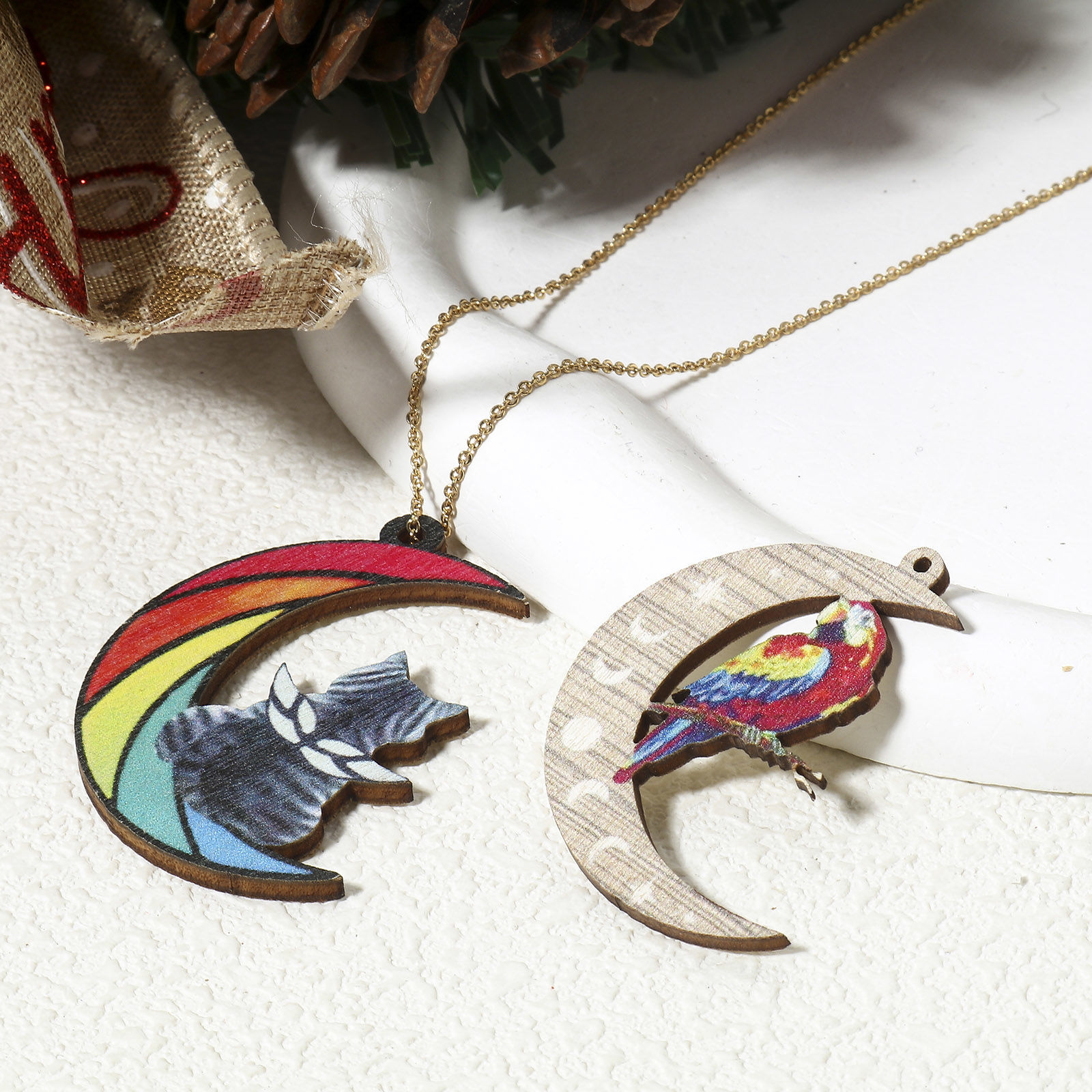 Picture of Natural Wood Galaxy Pendants Multicolor Half Moon 4.3cm x 3.5cm