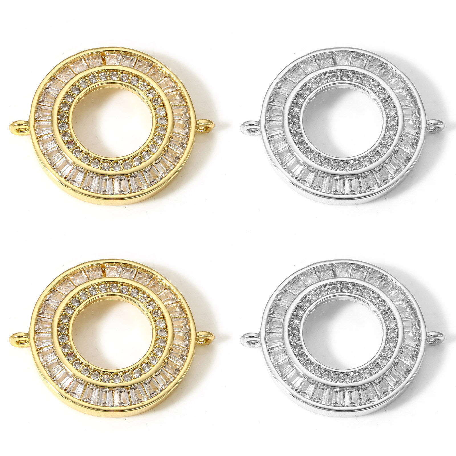 Picture of Brass Connectors Charms Pendants Circle Ring Real Gold Plated Micro Pave Clear Cubic Zirconia 26mm x 21.5mm