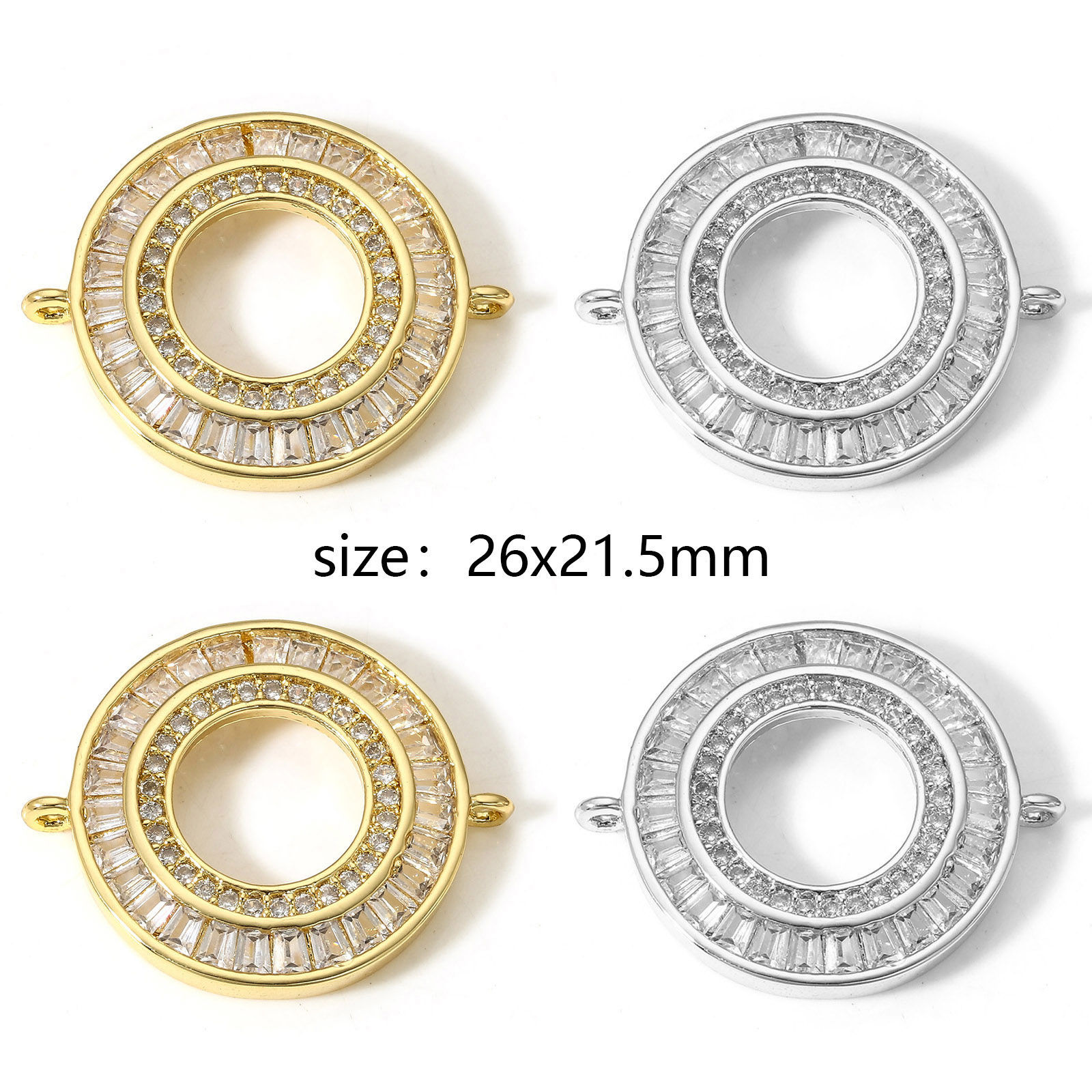 Picture of Brass Connectors Charms Pendants Circle Ring Real Gold Plated Micro Pave Clear Cubic Zirconia 26mm x 21.5mm
