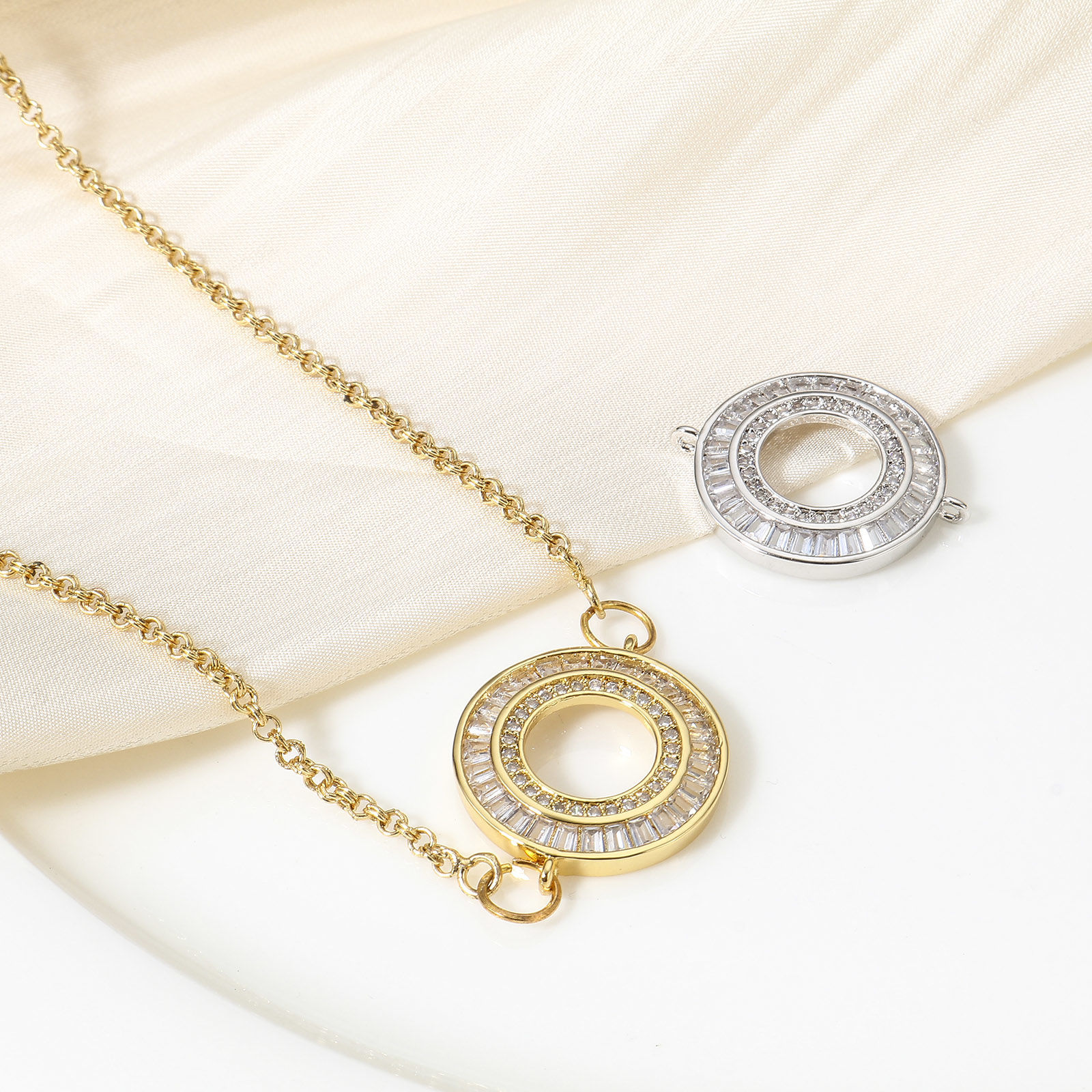 Picture of Brass Connectors Charms Pendants Circle Ring Real Gold Plated Micro Pave Clear Cubic Zirconia 26mm x 21.5mm