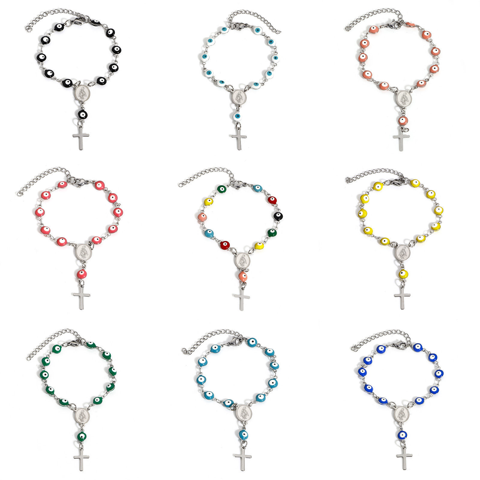 Picture of 304 Stainless Steel Religious Handmade Link Chain Bracelets Silver Tone Evil Eye Cross Double-sided Enamel 15cm(5 7/8") long