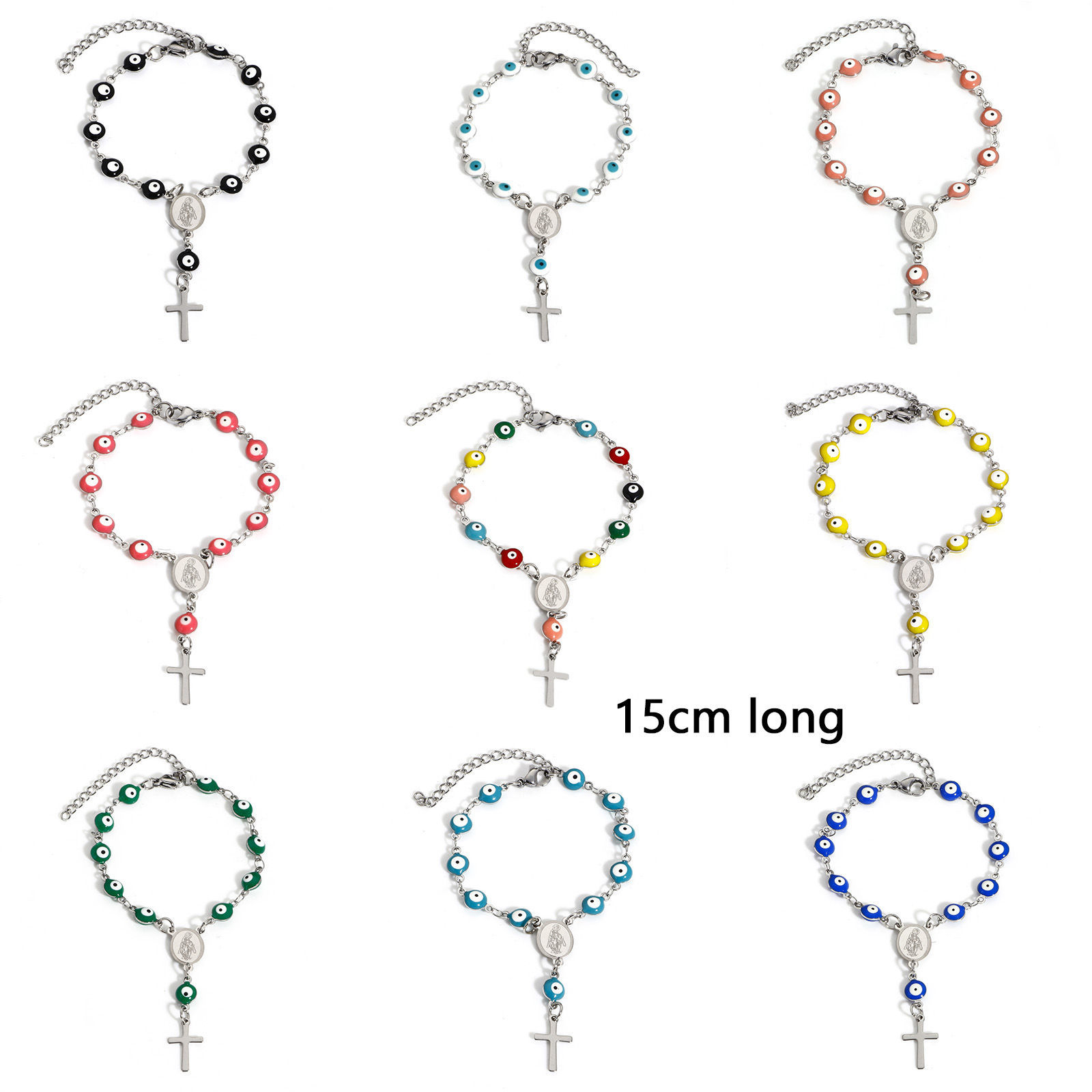 Picture of 304 Stainless Steel Religious Handmade Link Chain Bracelets Silver Tone Evil Eye Cross Double-sided Enamel 15cm(5 7/8") long