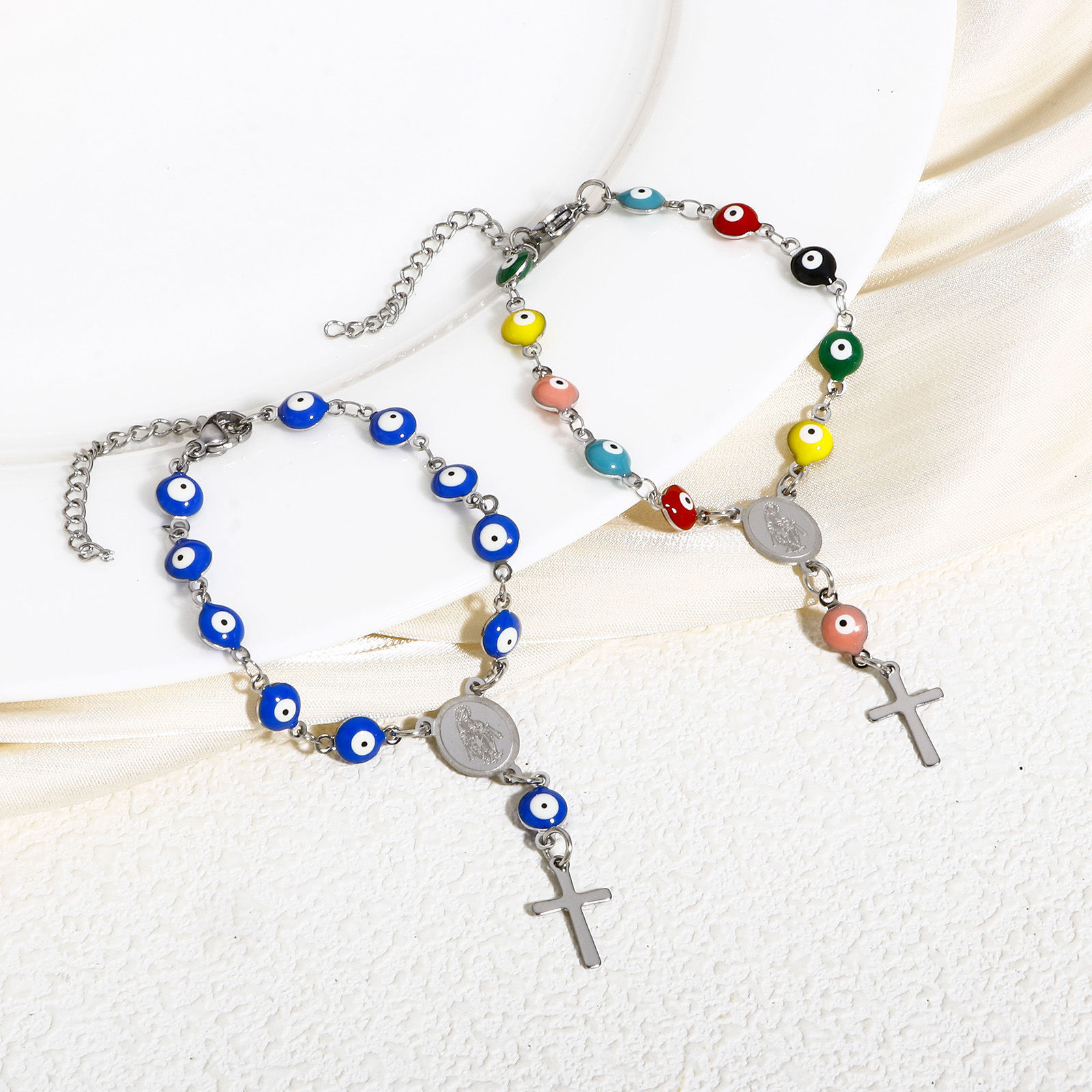 Picture of 304 Stainless Steel Religious Handmade Link Chain Bracelets Silver Tone Evil Eye Cross Double-sided Enamel 15cm(5 7/8") long