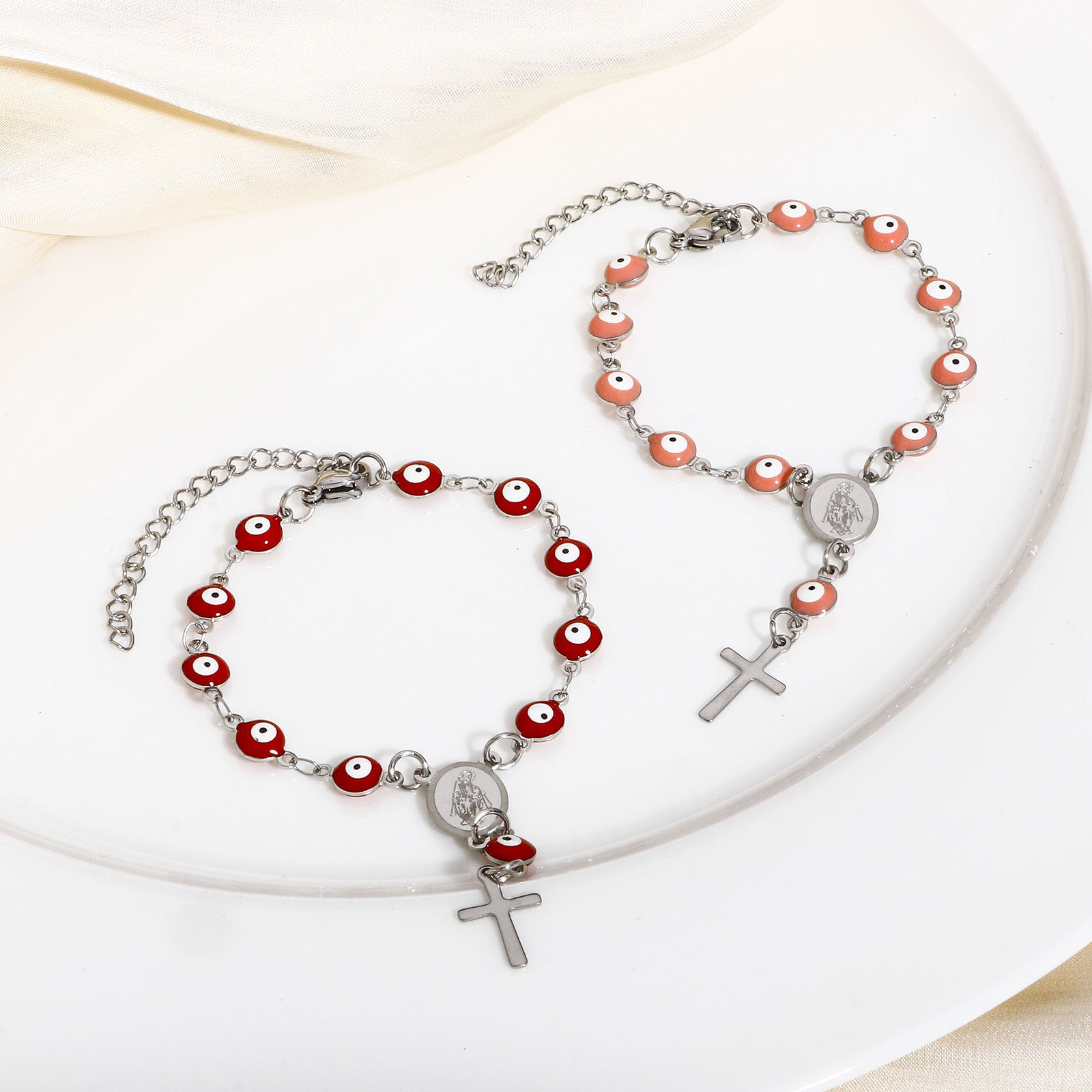 Picture of 304 Stainless Steel Religious Handmade Link Chain Bracelets Silver Tone Evil Eye Cross Double-sided Enamel 15cm(5 7/8") long