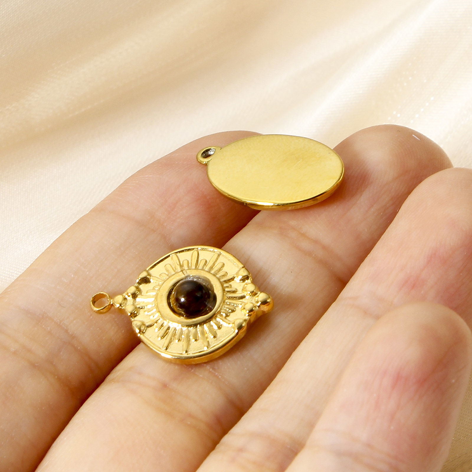 Bild von 1 Stück 304 Edelstahl & Stein Böhmischer Stil Charms Rund Bunt Sonnenschein