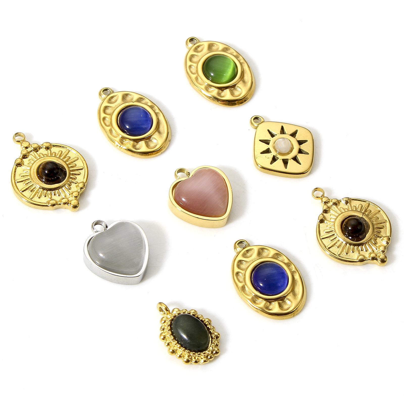 Bild von 1 Stück 304 Edelstahl & Stein Böhmischer Stil Charms Rund Bunt Sonnenschein