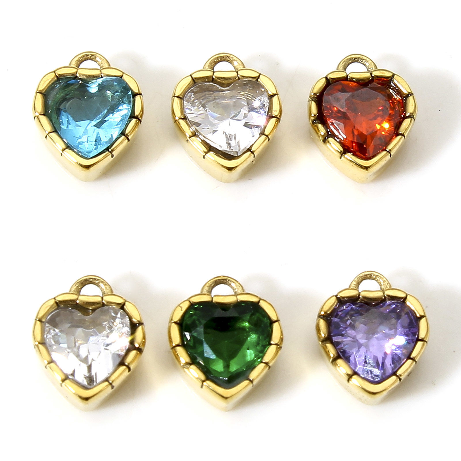 Bild von 1 Stück 304 Edelstahl Monatsstein Charms Herz Vergoldet Bunt Strass