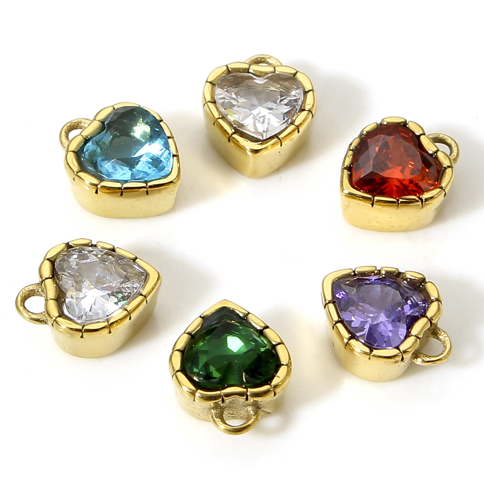 Bild von 1 Stück 304 Edelstahl Monatsstein Charms Herz Vergoldet Bunt Strass