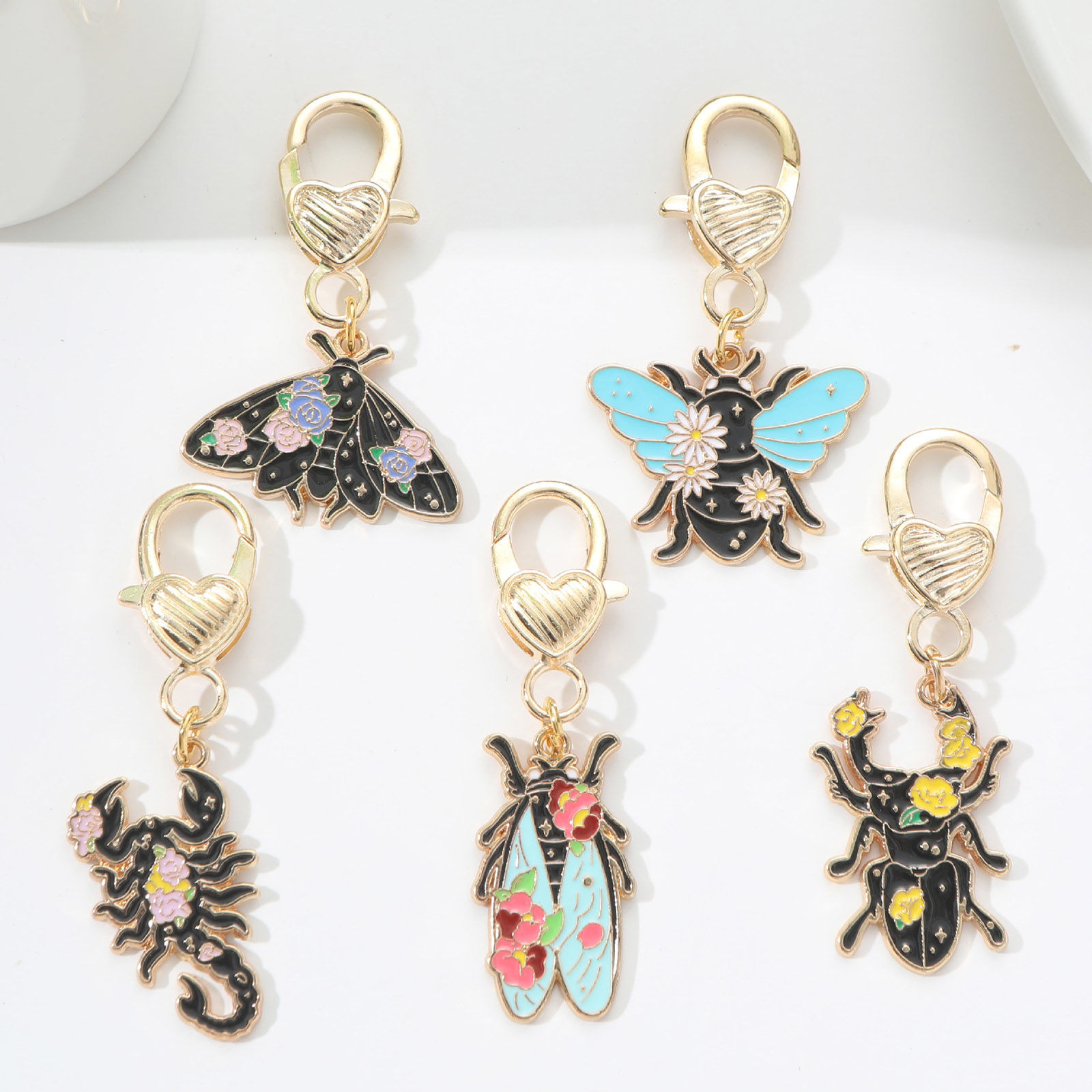 Picture of Insect Keychain & Keyring Gold Plated Multicolor Moth Flower Enamel