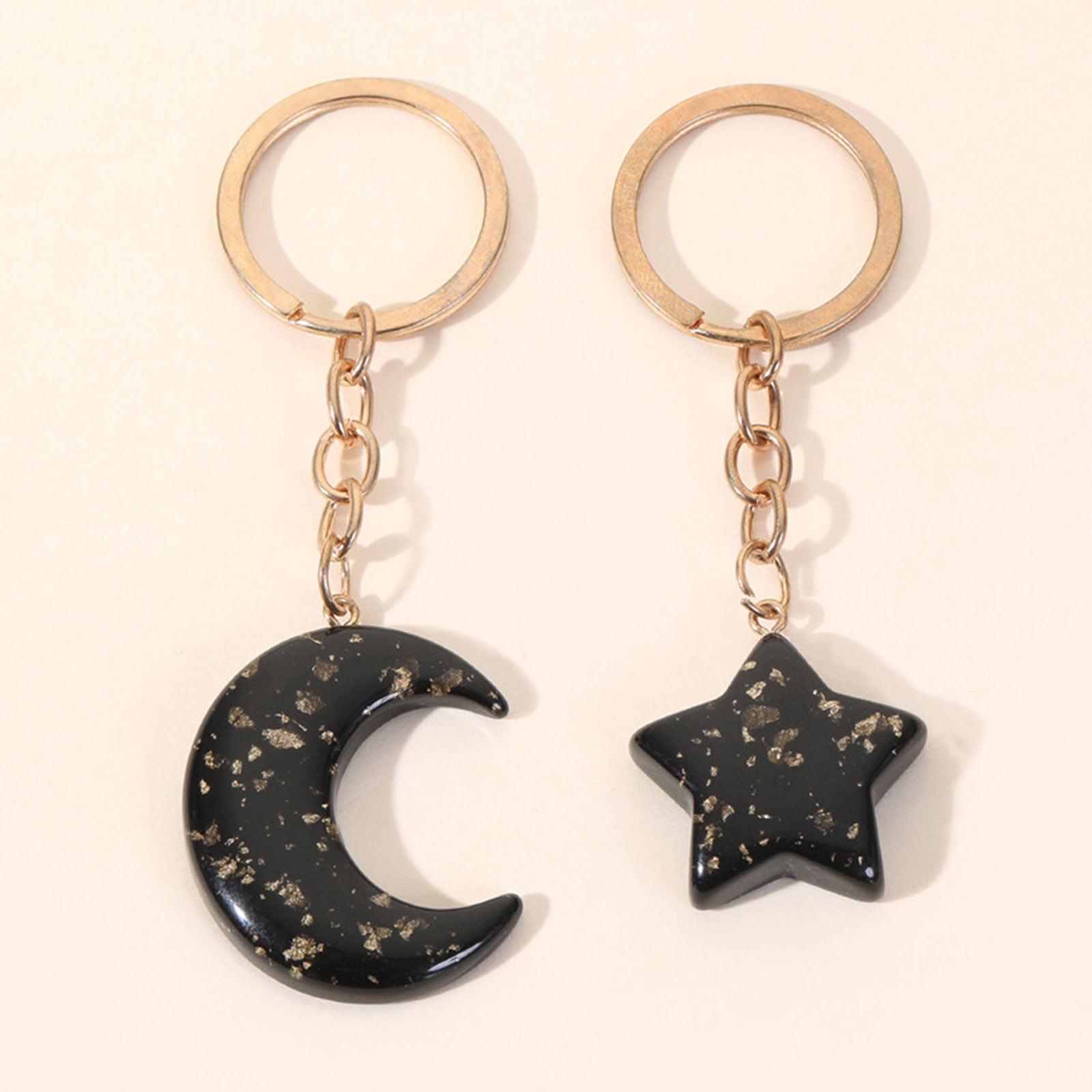 Picture of Acrylic Galaxy Keychain & Keyring Gold Plated Black & Gold Pentagram Star Moon