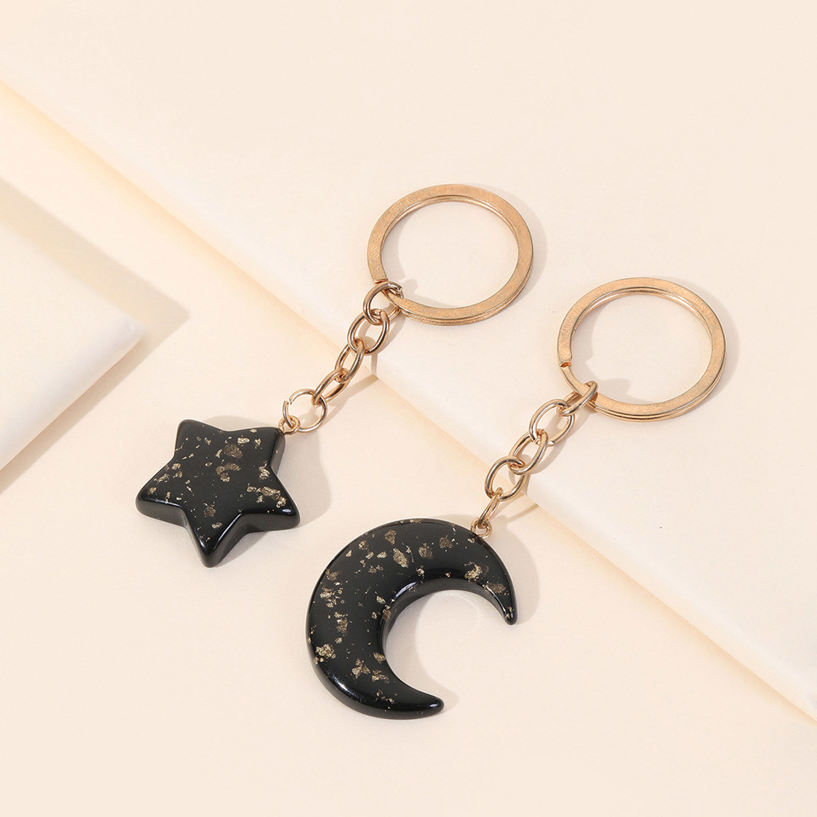 Picture of Acrylic Galaxy Keychain & Keyring Gold Plated Black & Gold Pentagram Star Moon